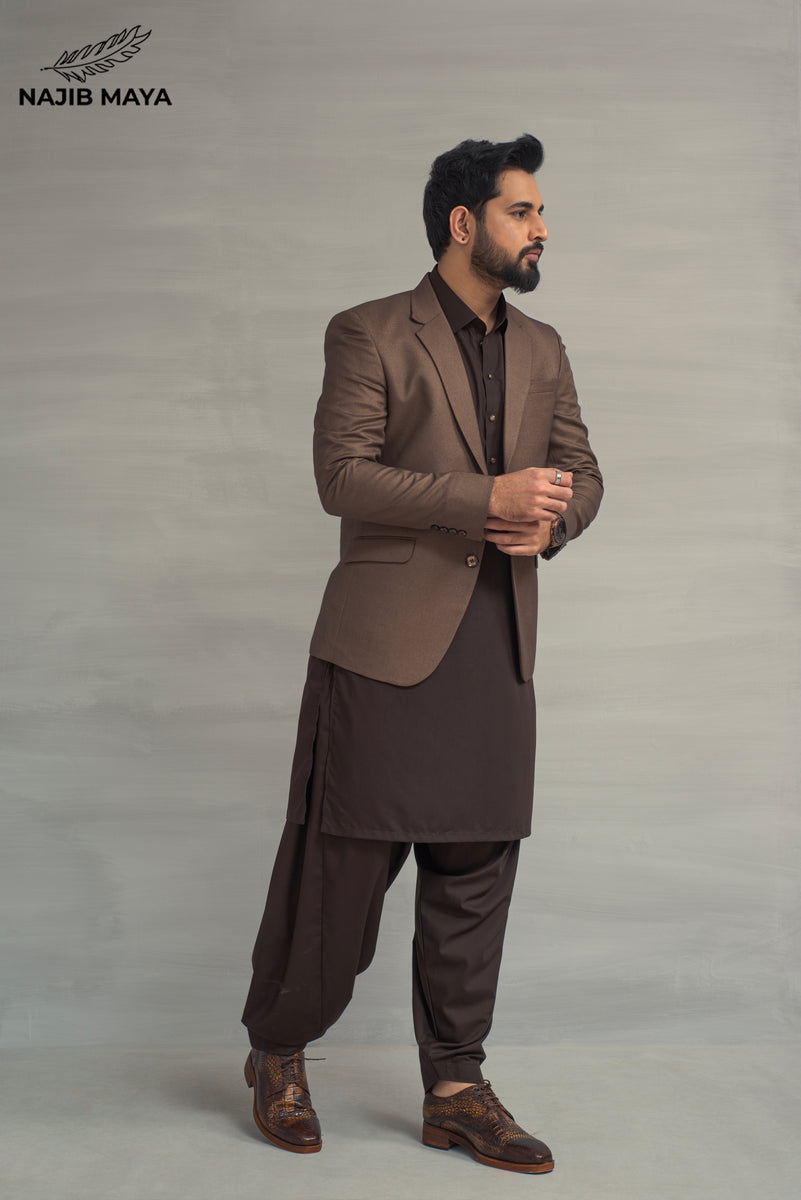 Brown Casual Coat Brown Shalwar Kameez For Men's - Main Image
