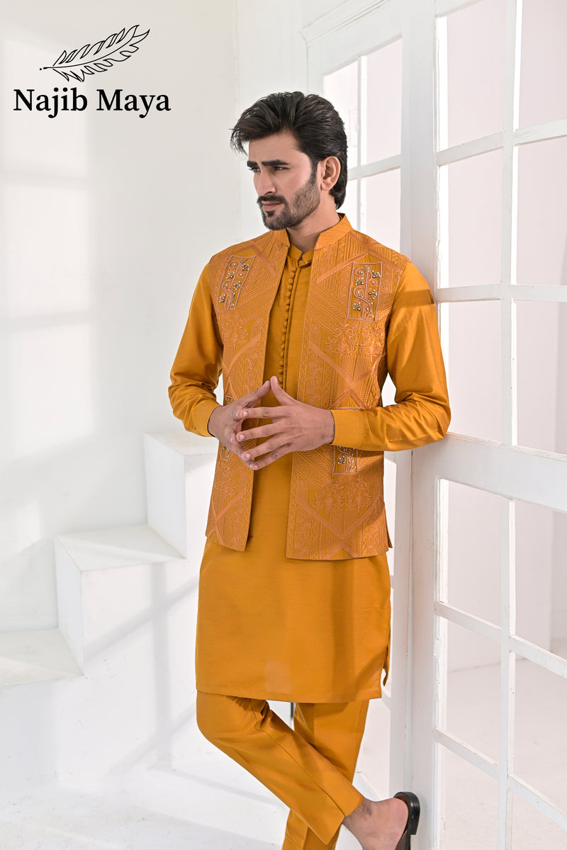 Men'S Mustard Embroiderd Kurta Pajama