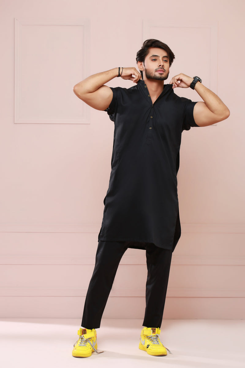 Black Half Sleeves Kurta Pajama For Men's - Main Image