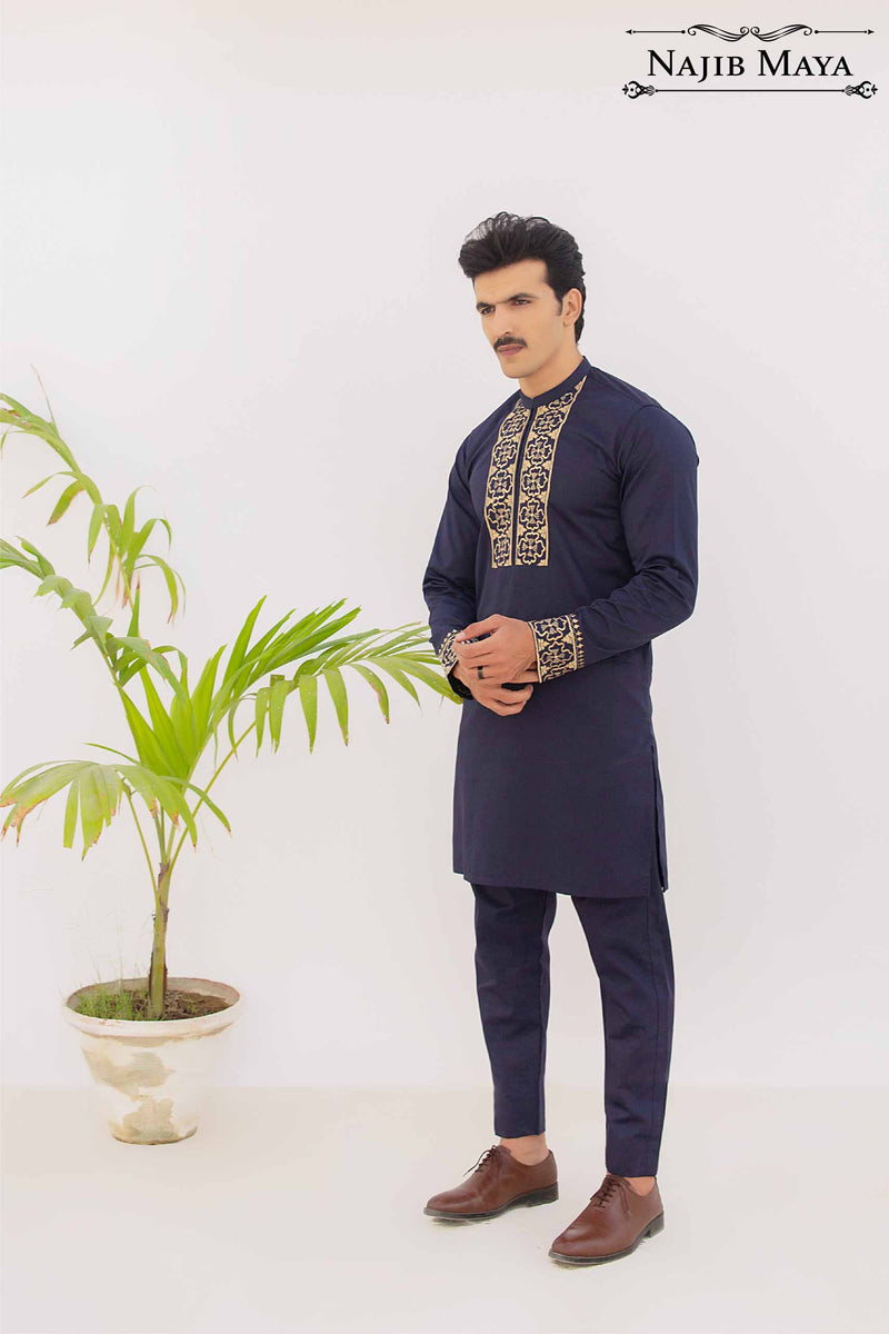 Navy Blue Readymade Men's Kurta payjama With Designer Wevon Jacquard Work