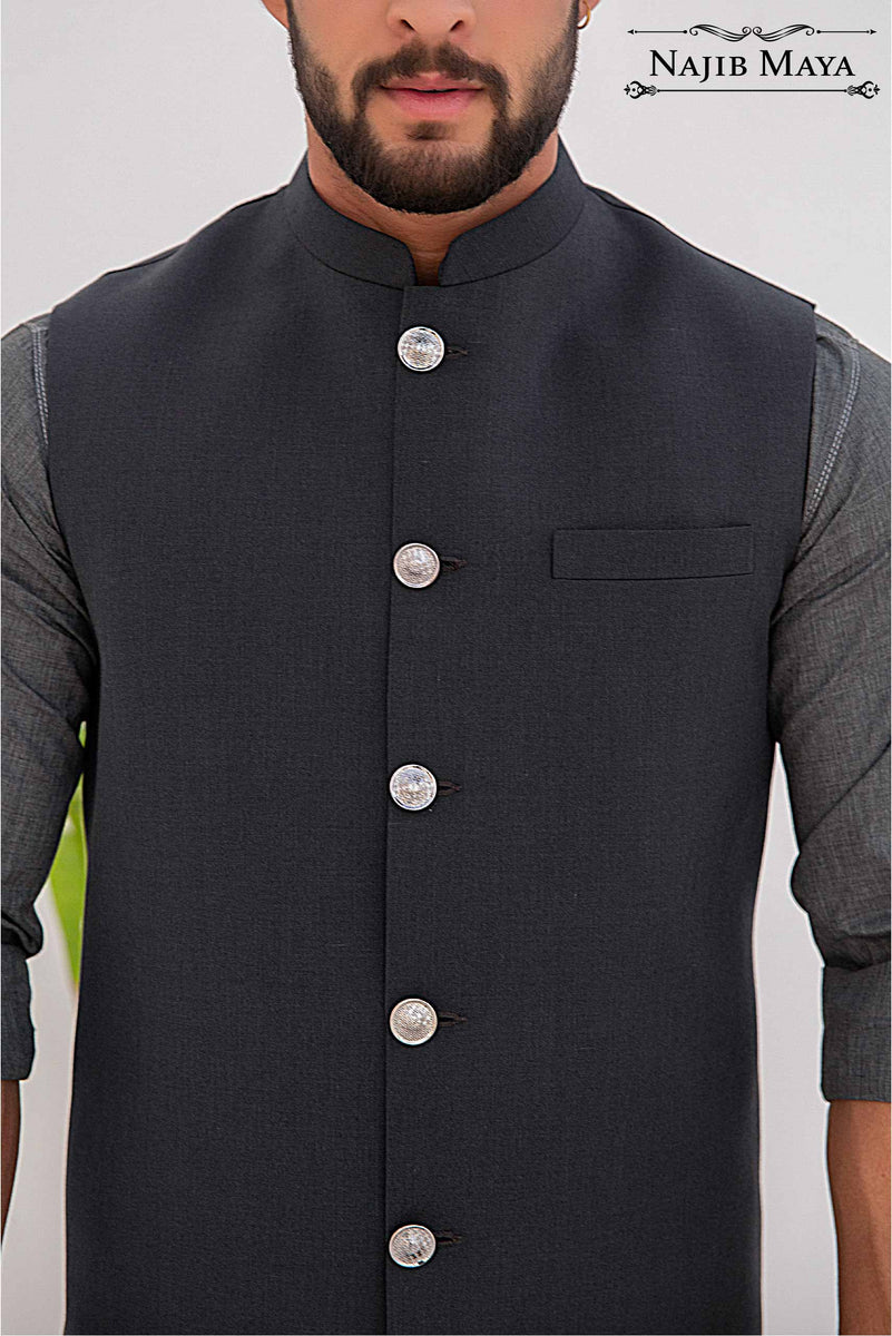 Charcoal Grey Waist Coat & Grey Kurta Pajama For Men's Najib Maya
