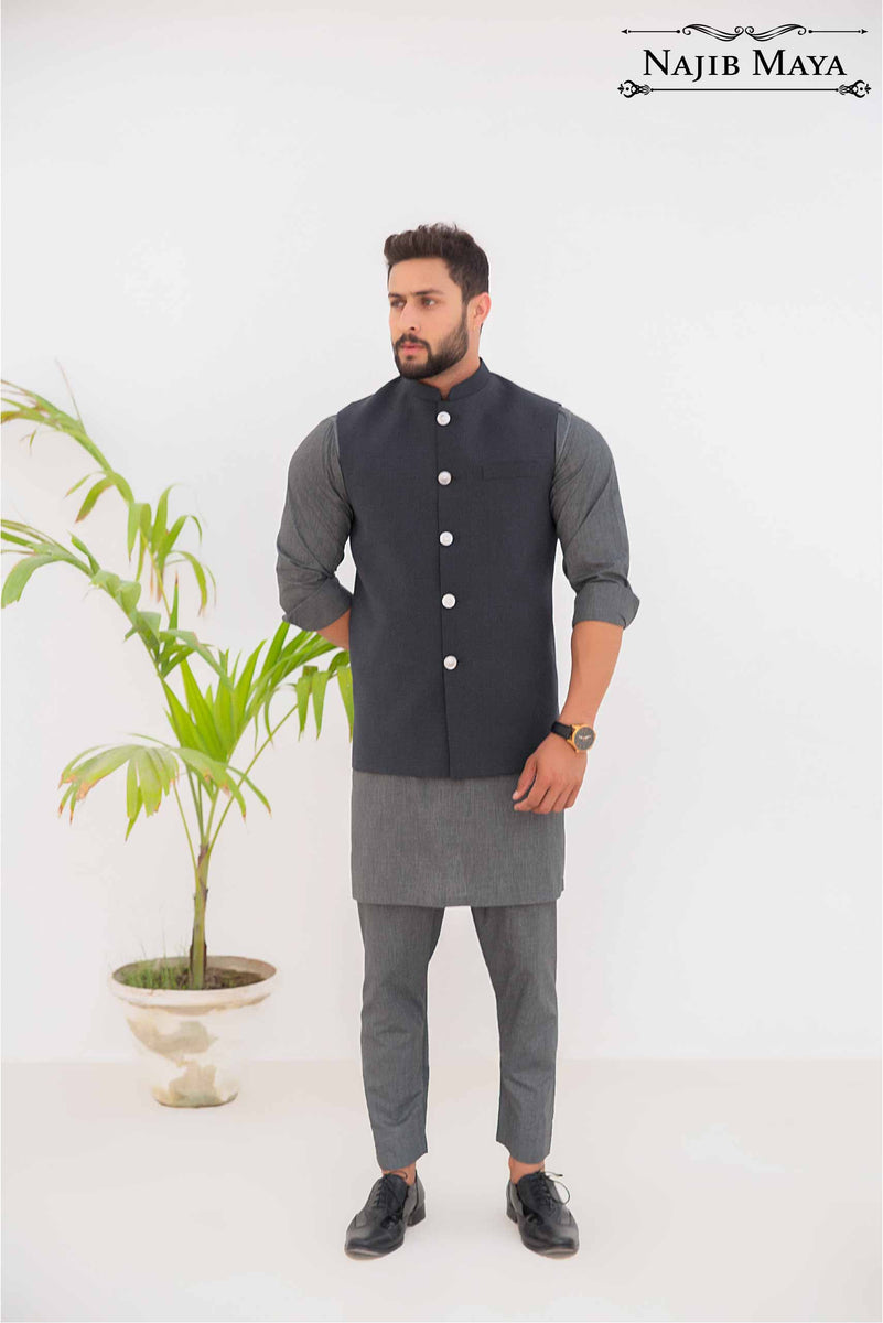 Charcoal Grey Waist Coat & Grey Kurta Pajama For Men's Najib Maya