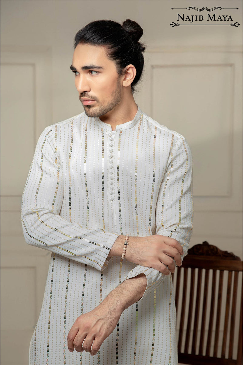 Men'S White Embroidered Straight Kurta Pyjama Set main image 1