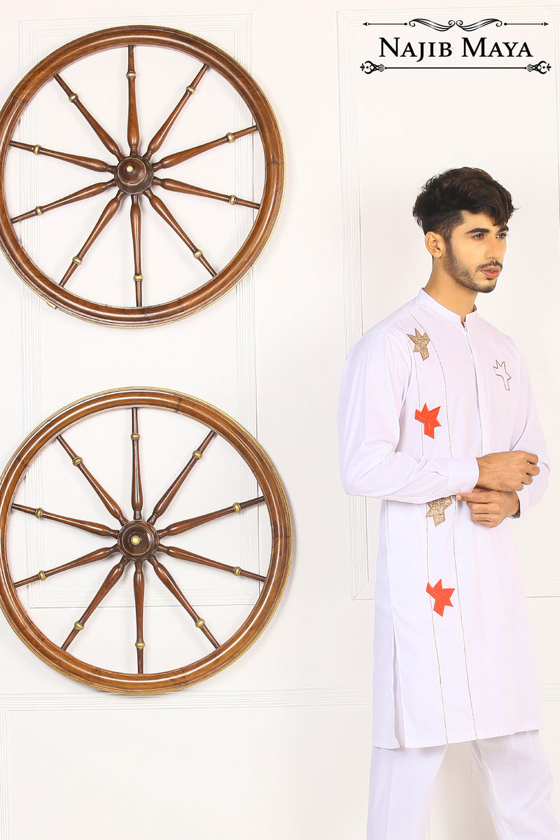 White Readymade Men's Kurta payjama With Designer Embroidery Work main image 1