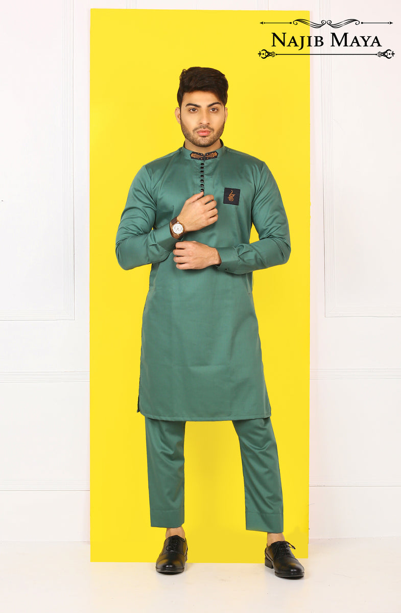 Rama Green Designer Men's Function Wear Kurta Pyjama