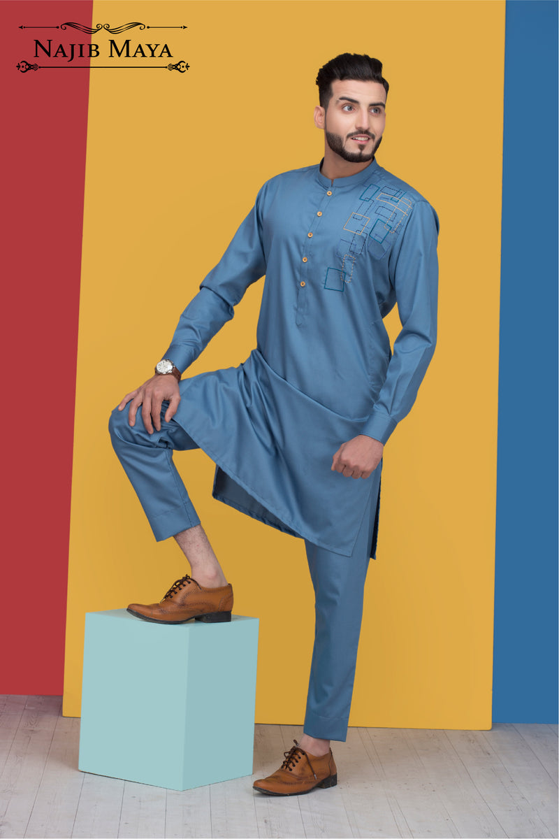 Men Navy Blue Slub Silk Embroidered Kurta Pyjama main image 1