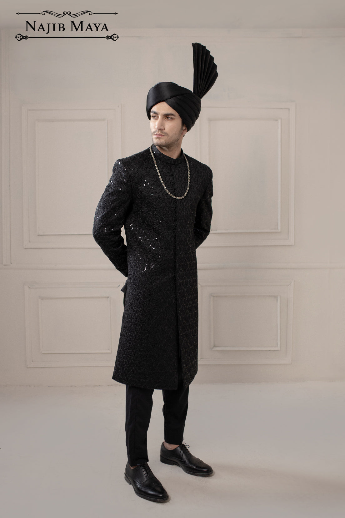 Black Sequence Embroidered Sherwani For Men's Main image