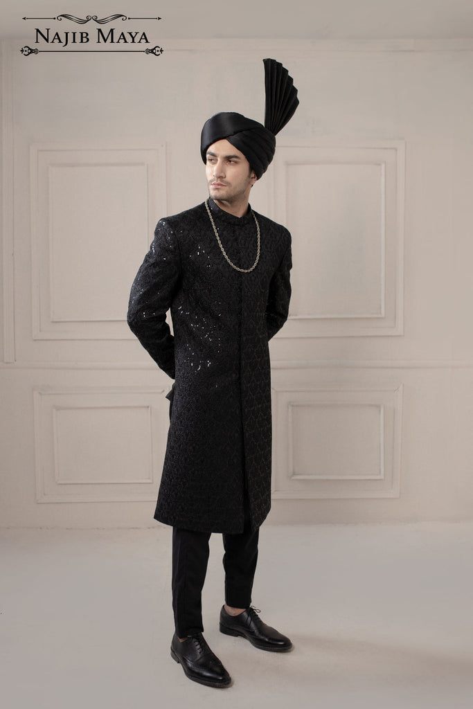 Black Sequence Embroidered Sherwani For Men's