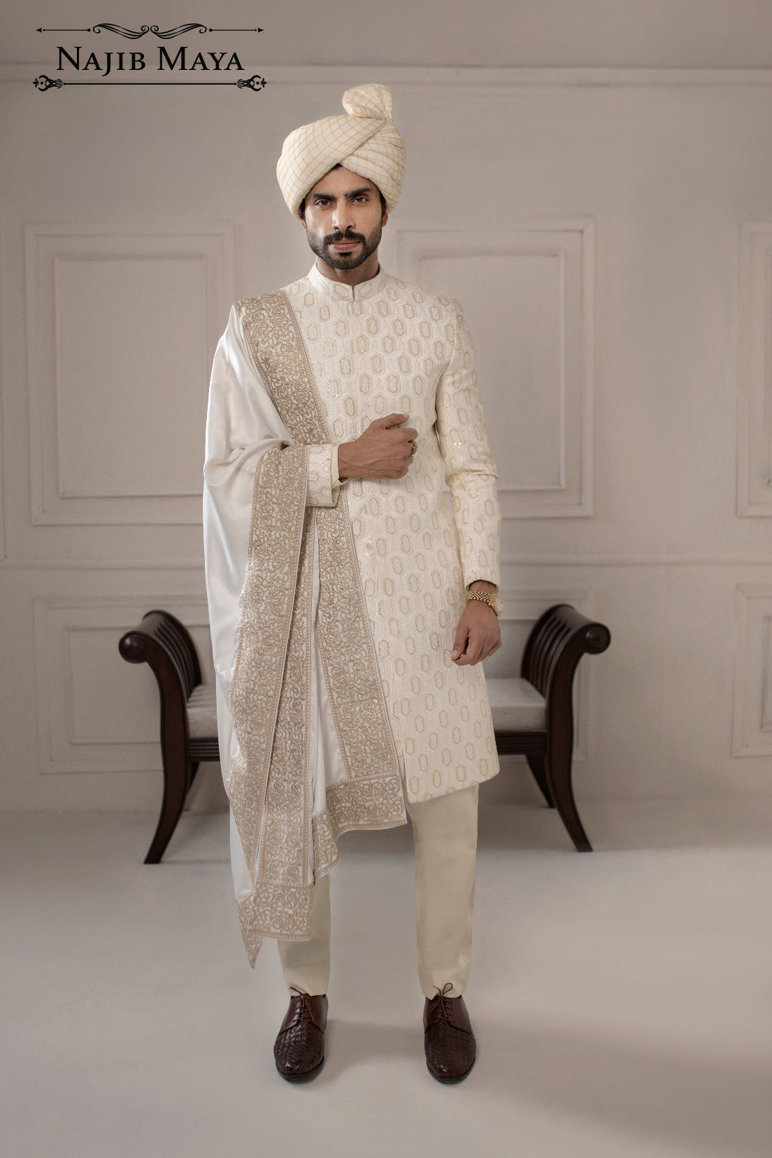 Classic White Sequence Embroidered Sherwani For Men's Main image
