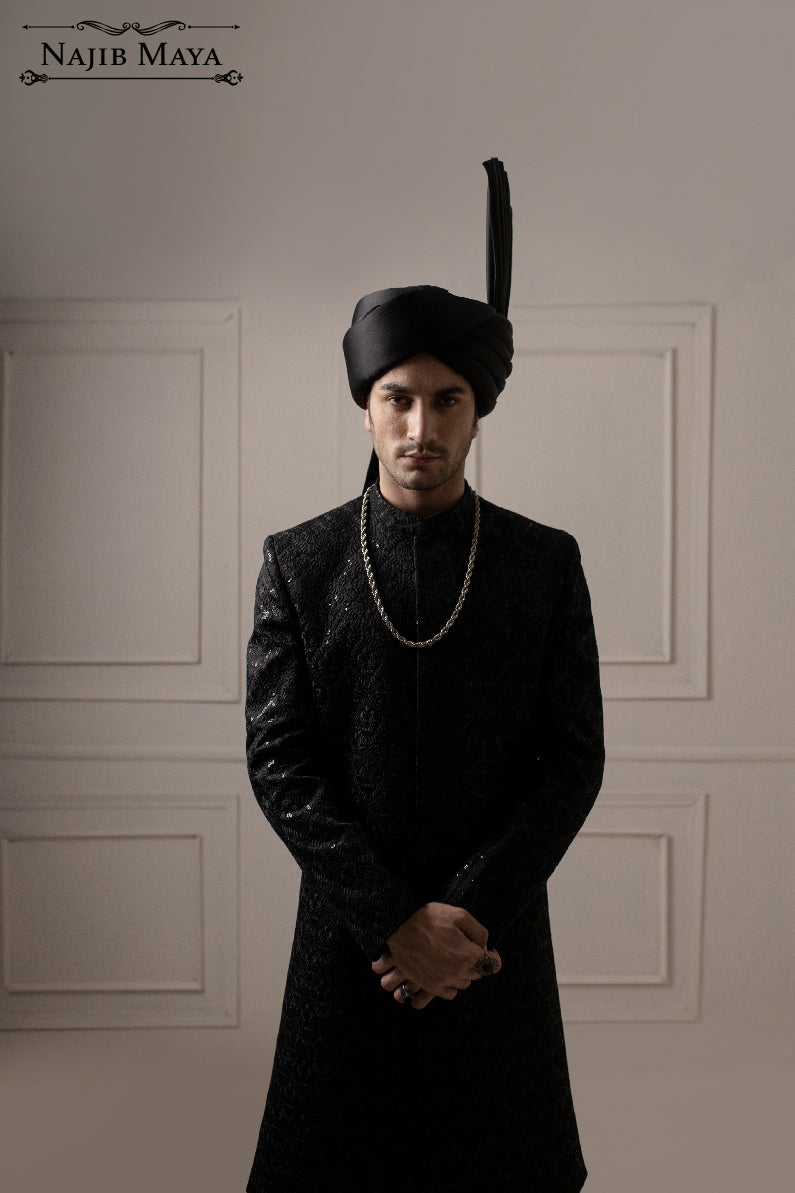 Black Sequence Embroidered Sherwani For Men's