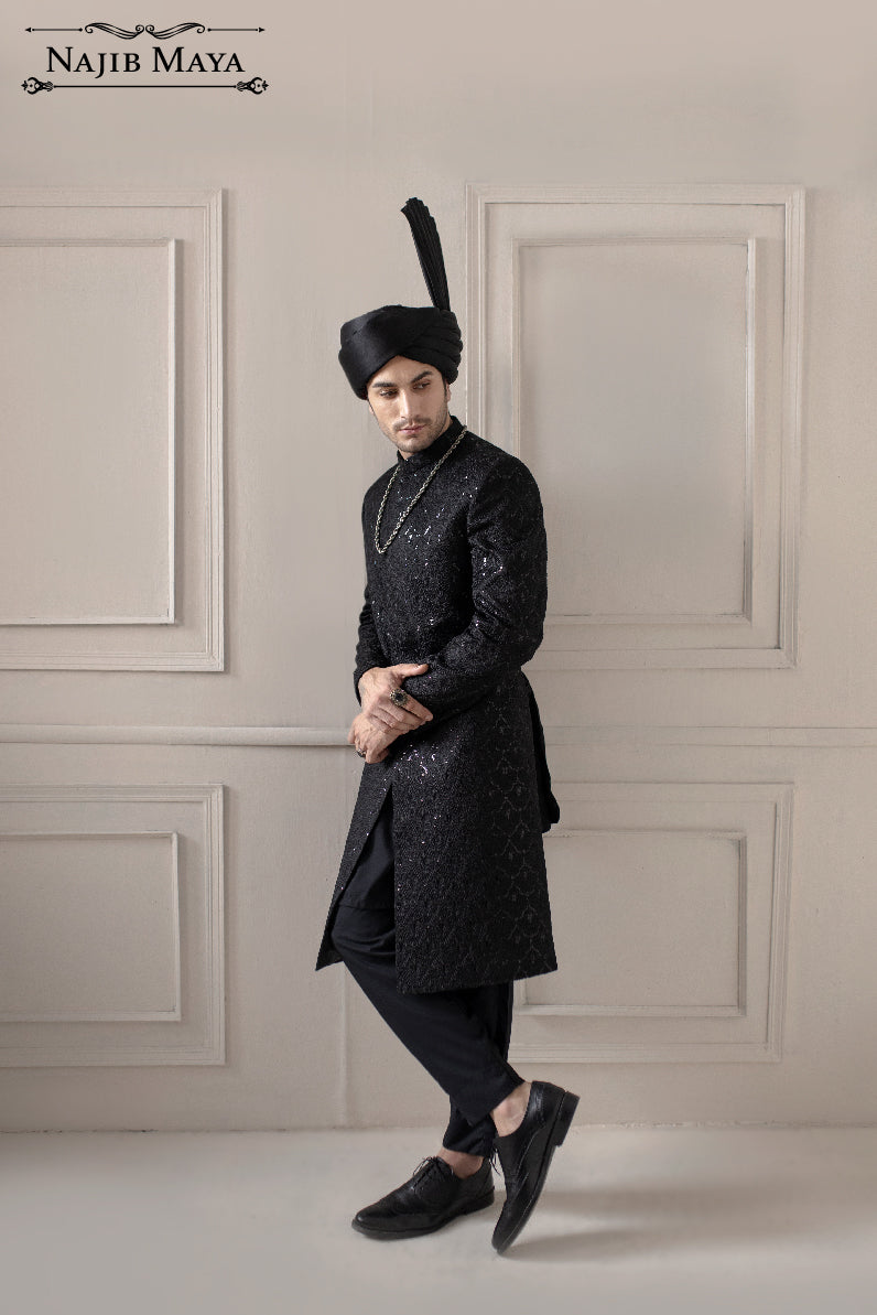 Black Sequence Embroidered Sherwani For Men's