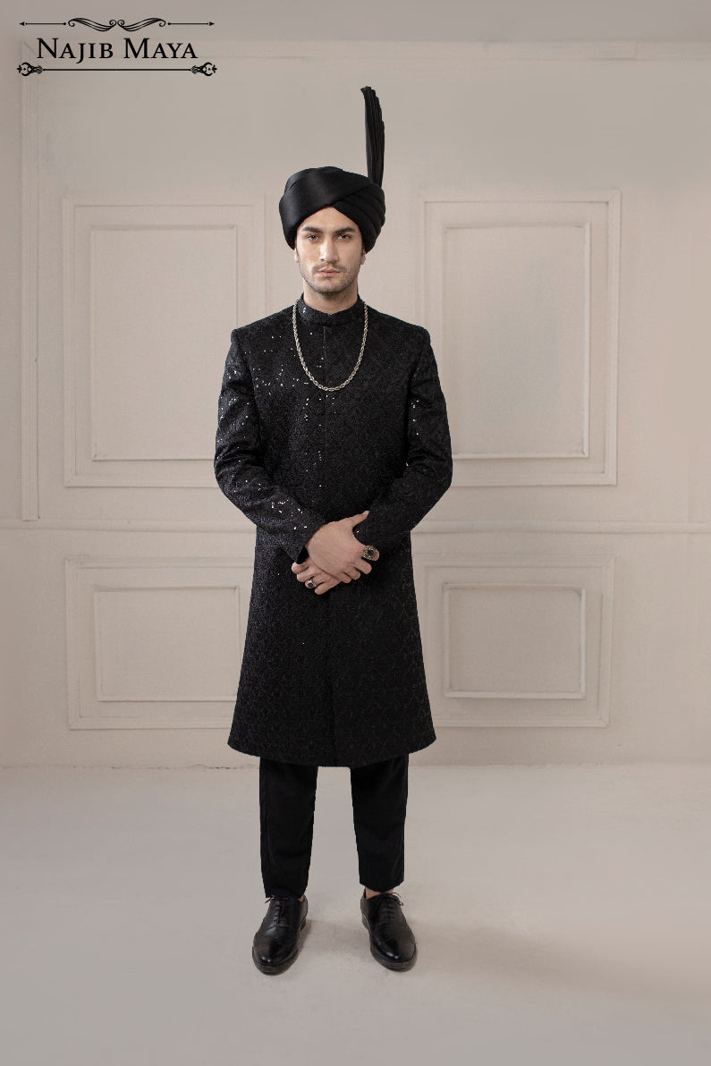 Black Sequence Embroidered Sherwani For Men's Secondary image