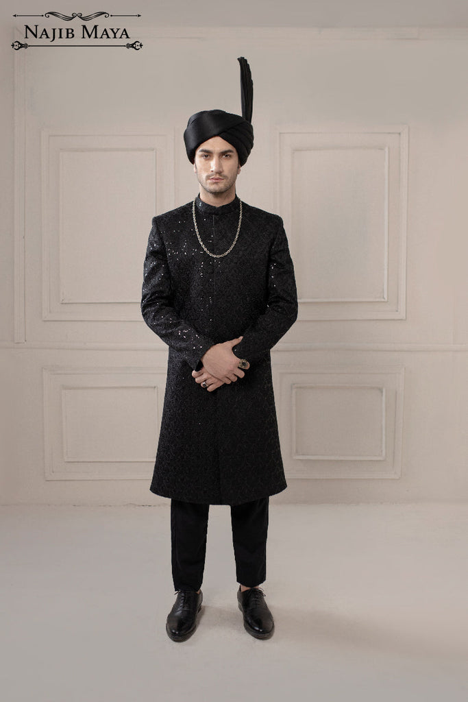 Black Sequence Embroidered Sherwani For Men's