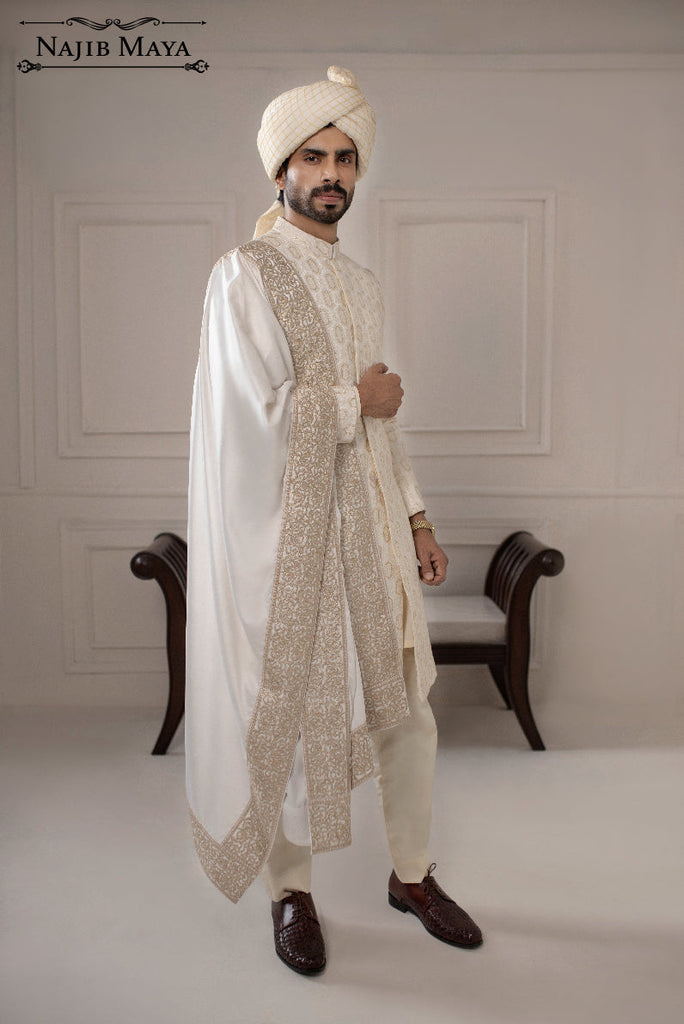 Classic White Sequence Embroidered Sherwani For Men's