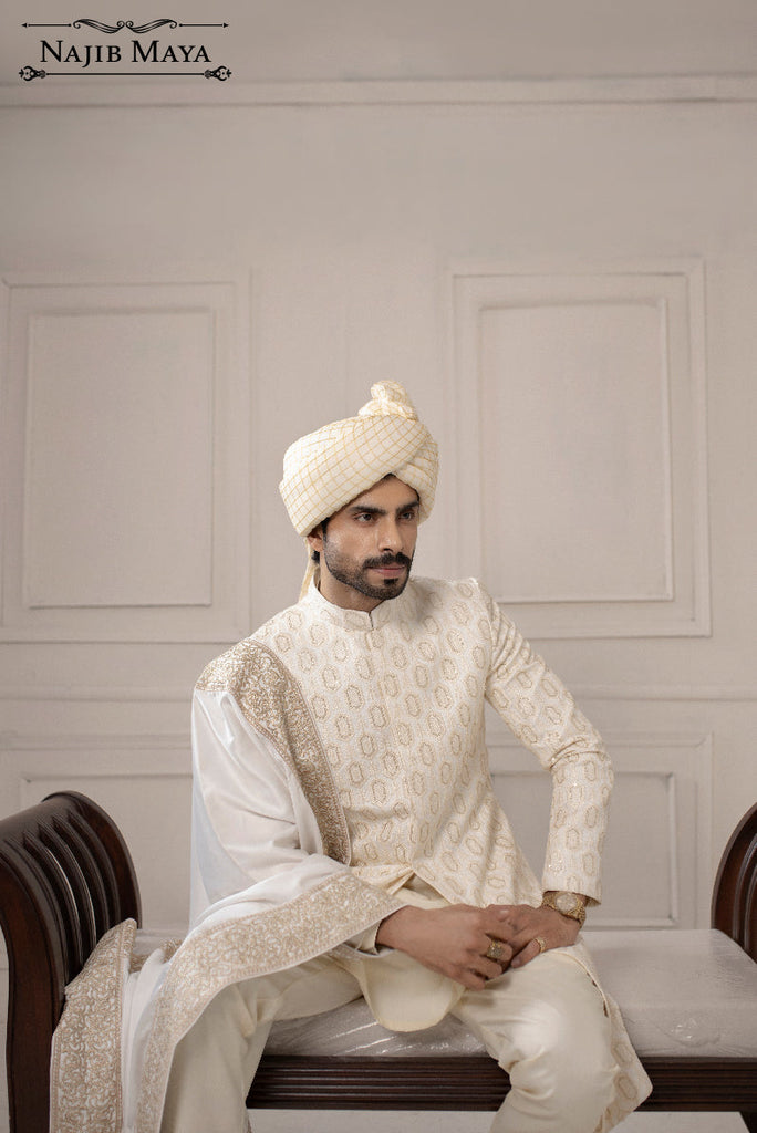 Classic White Sequence Embroidered Sherwani For Men's