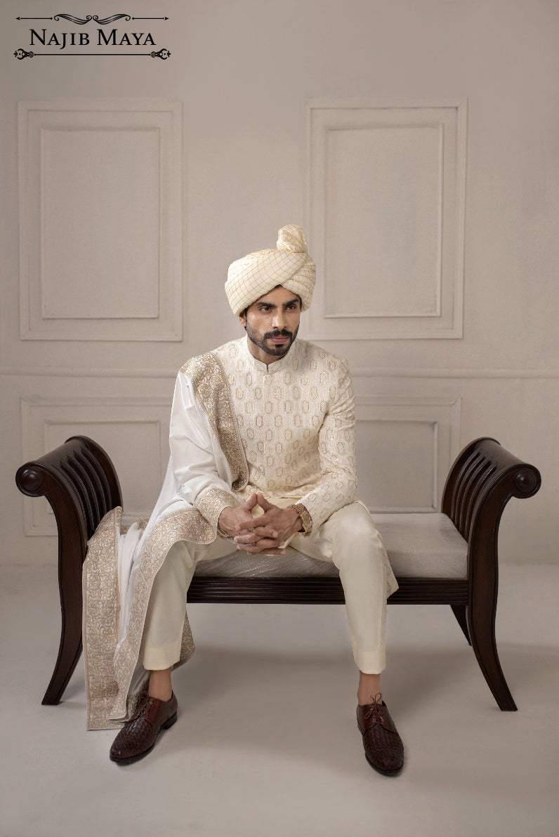 Classic White Sequence Embroidered Sherwani For Men's