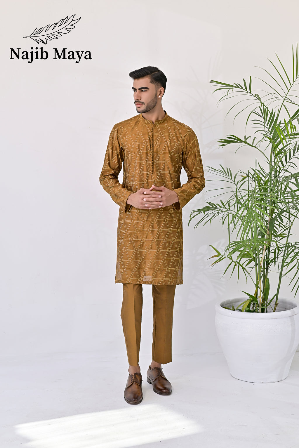 Mustard Embroidery Kurta Pajama For Men's