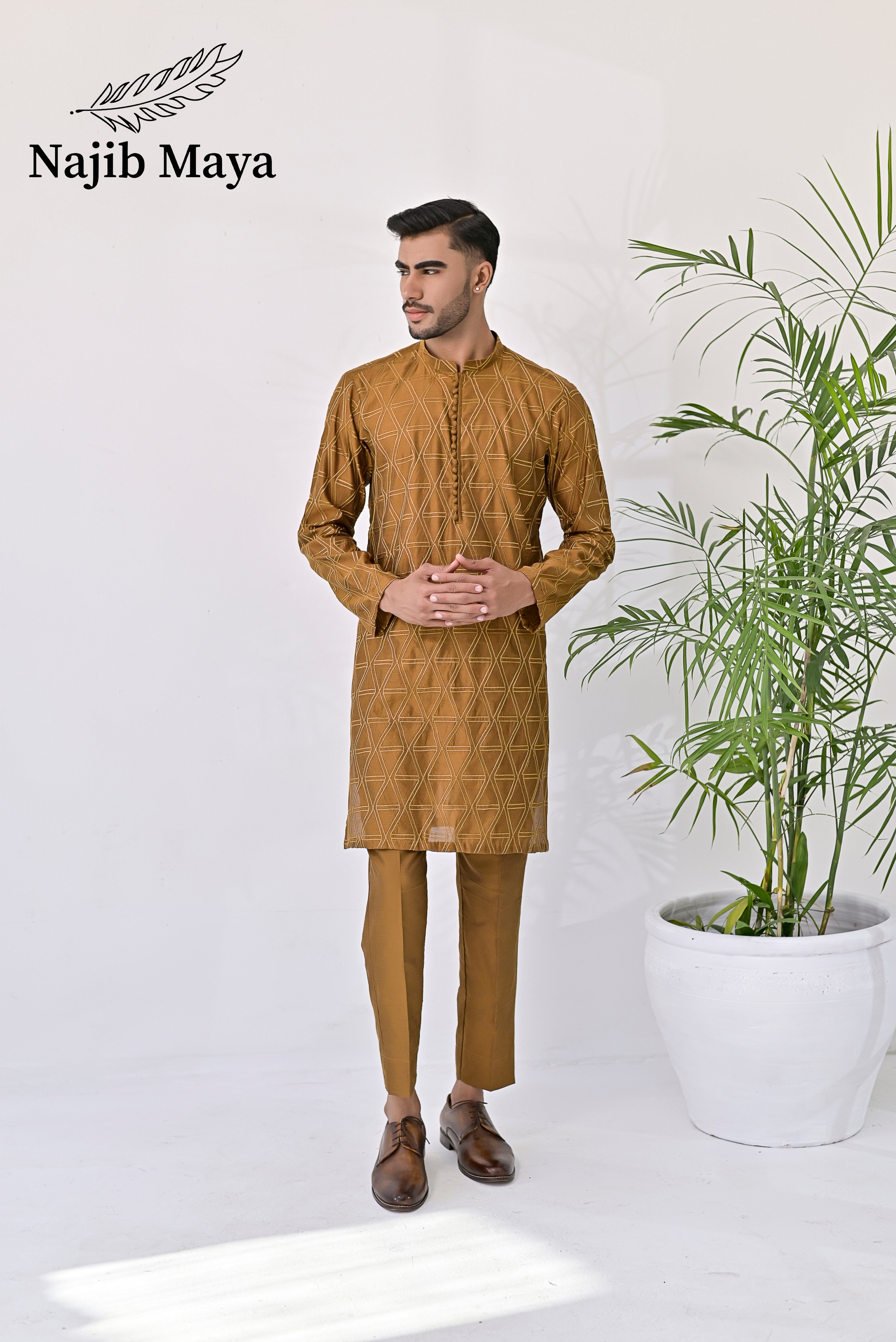 Mustard Embroidery Kurta Pajama For Men's