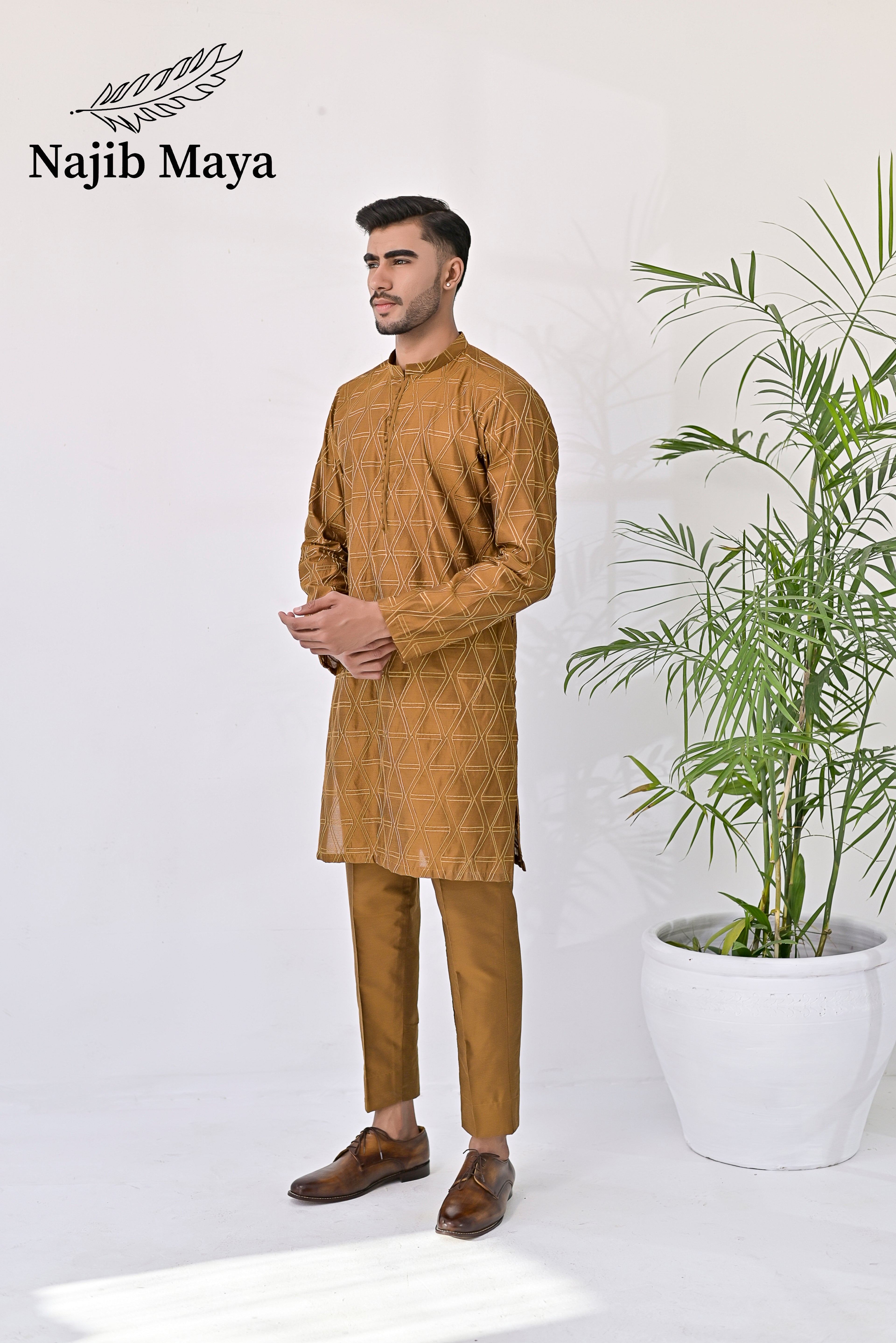 Mustard Embroidery Kurta Pajama For Men's