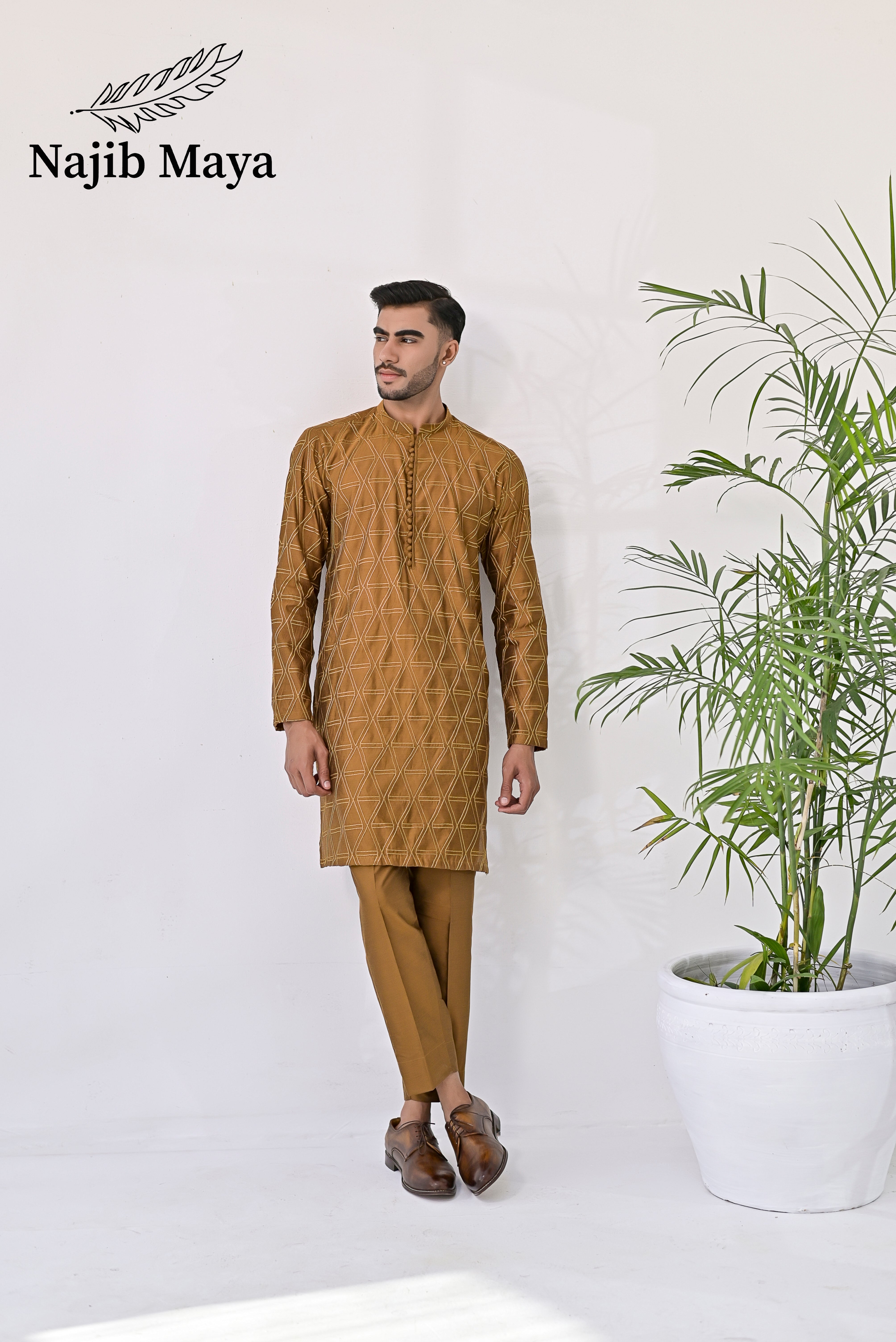 Mustard Embroidery Kurta Pajama For Men's Main image