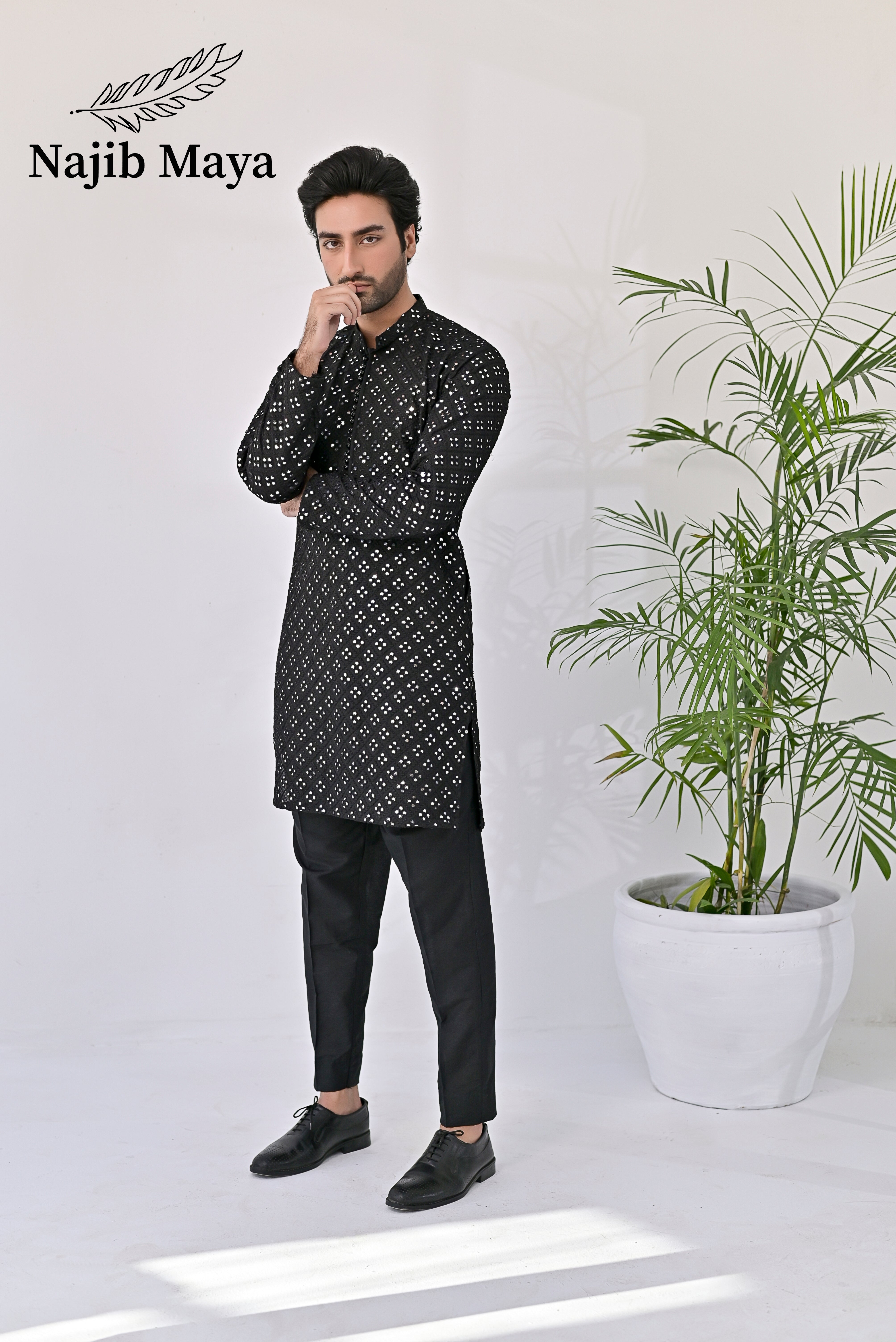 Black Embroidered Kurta Pajama For Men's Main image
