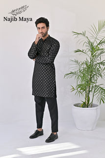 Black Embroidered Kurta Pajama For Men's
