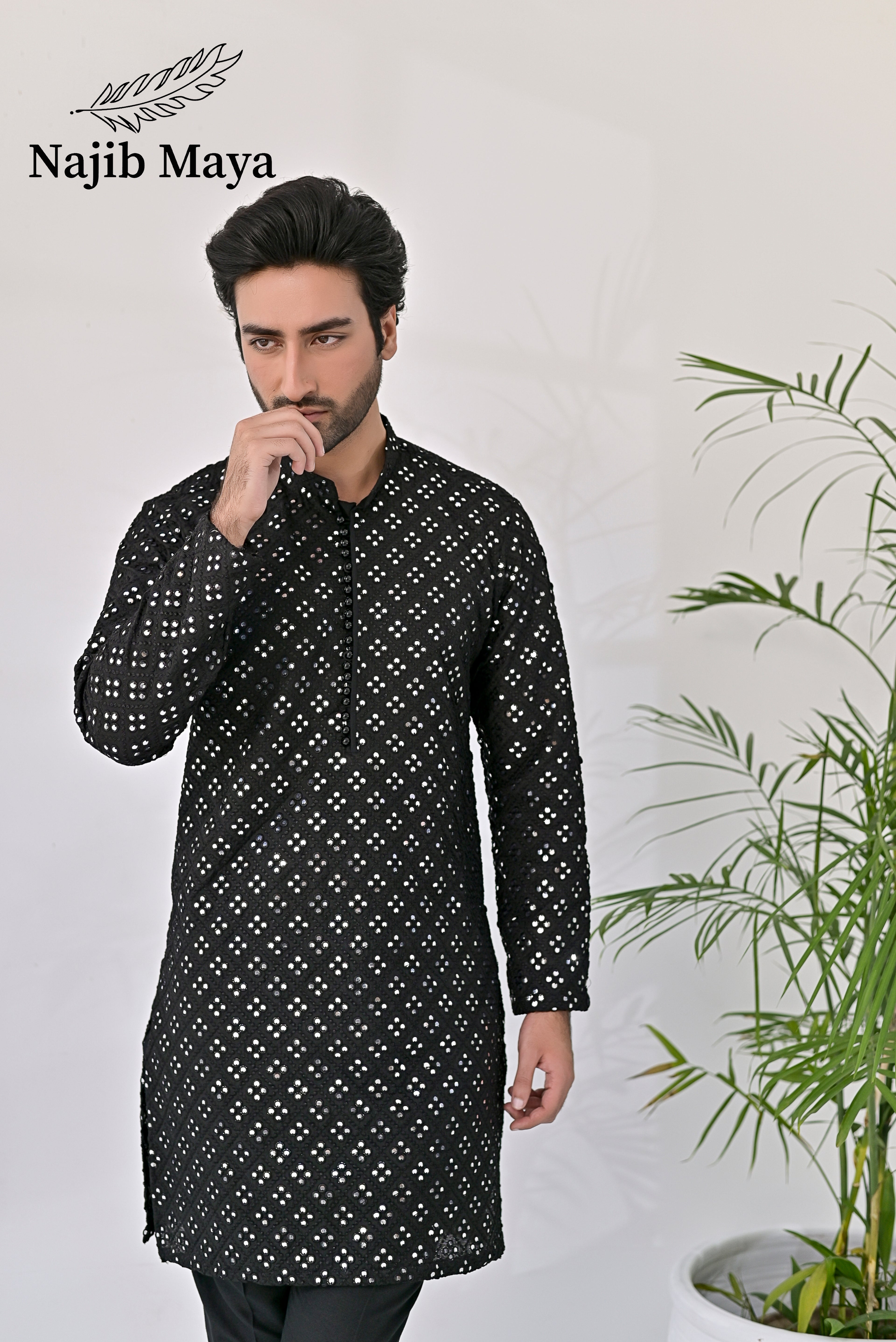 Black Embroidered Kurta Pajama For Men's