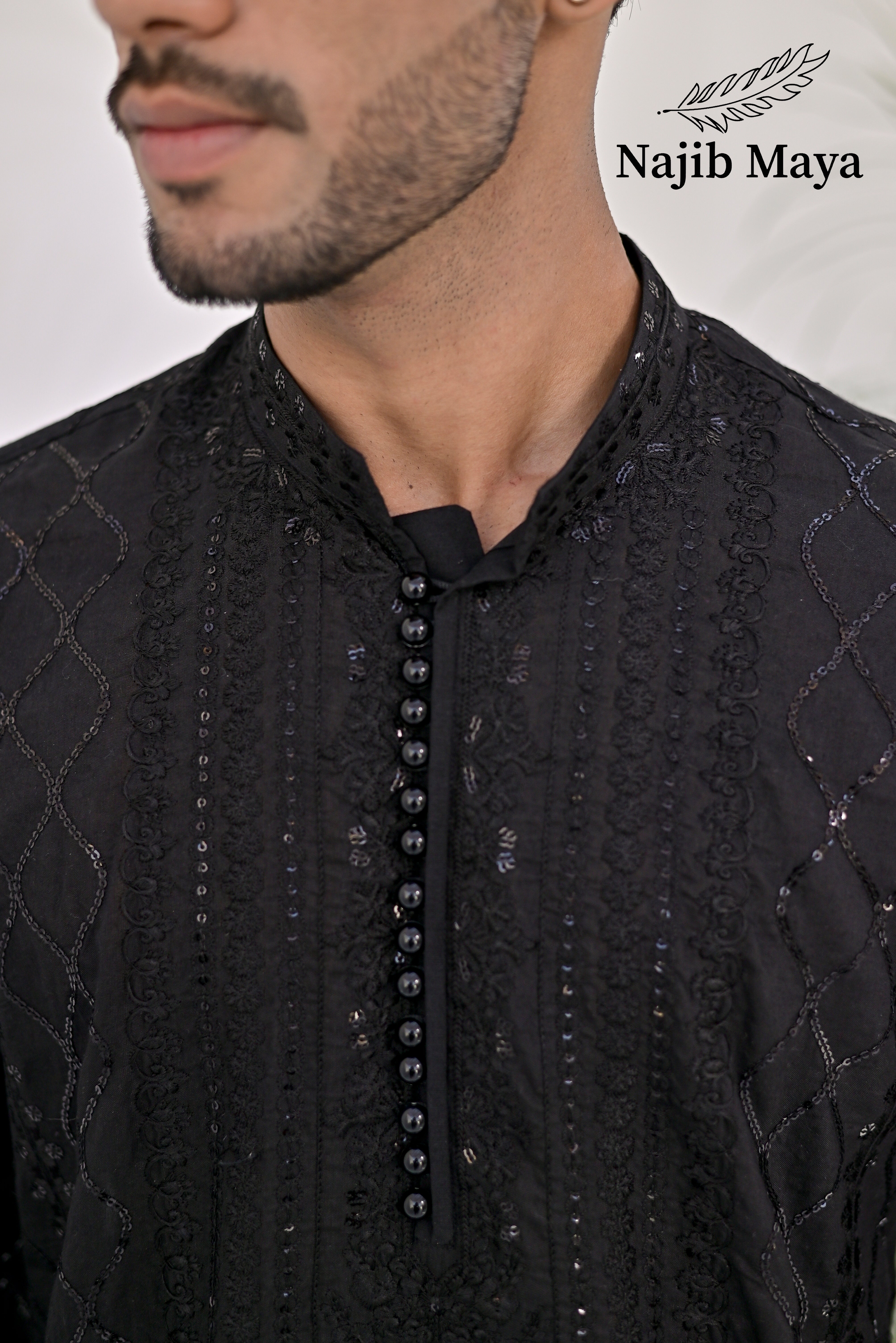 Black Embroidery Kurta Pajama For Men's Secondary image