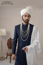 Navy Blue Hand Work Embroidered Sherwani For Men's