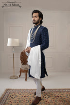 Navy Blue Hand Work Embroidered Sherwani For Men's