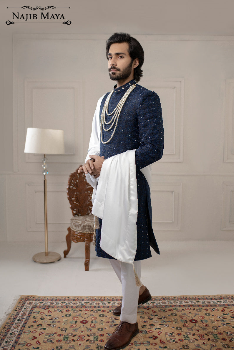 Navy Blue Hand Work Embroidered Sherwani For Men's