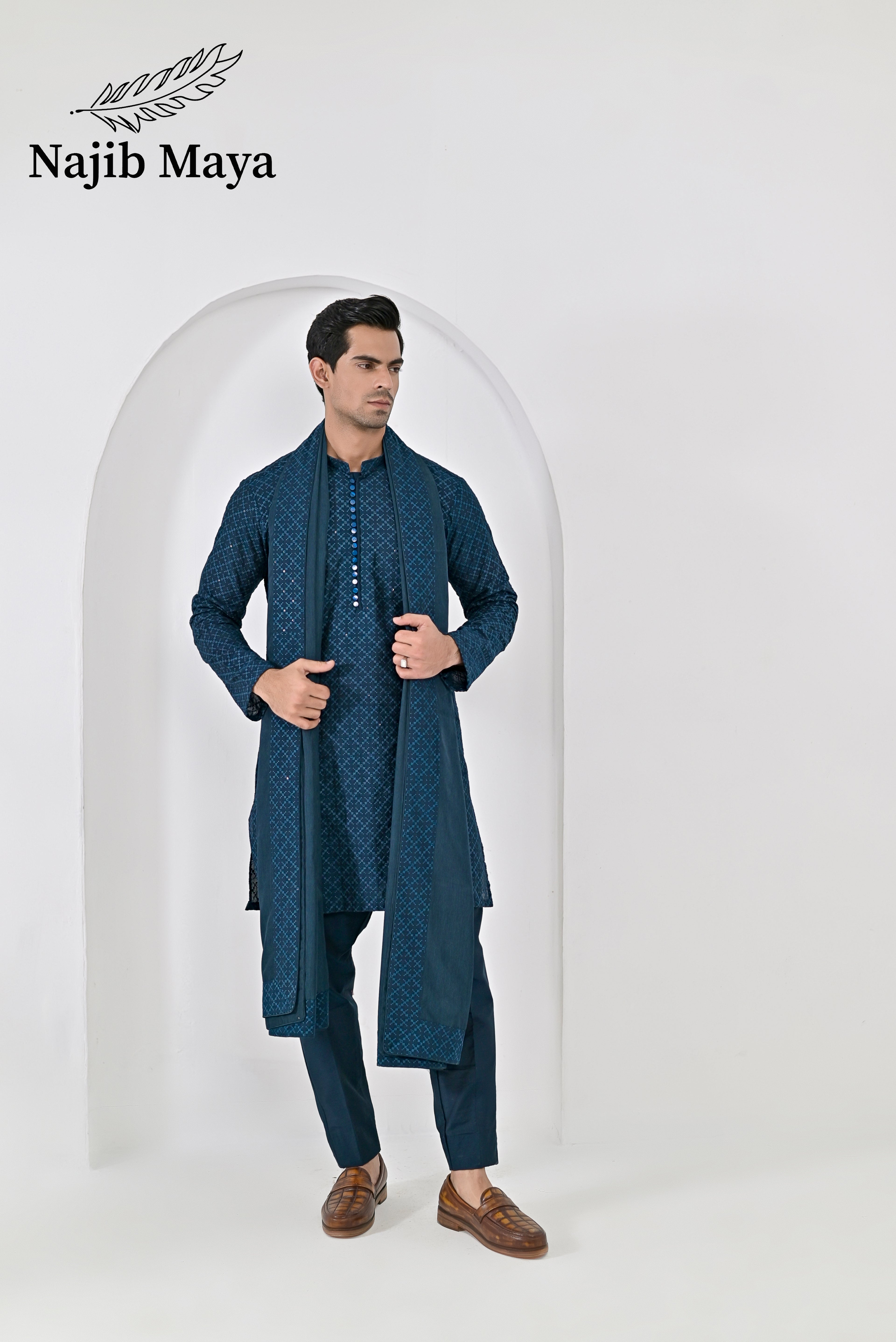 Till Blue Embroidery Kurta Pajama + Shawl For Men's