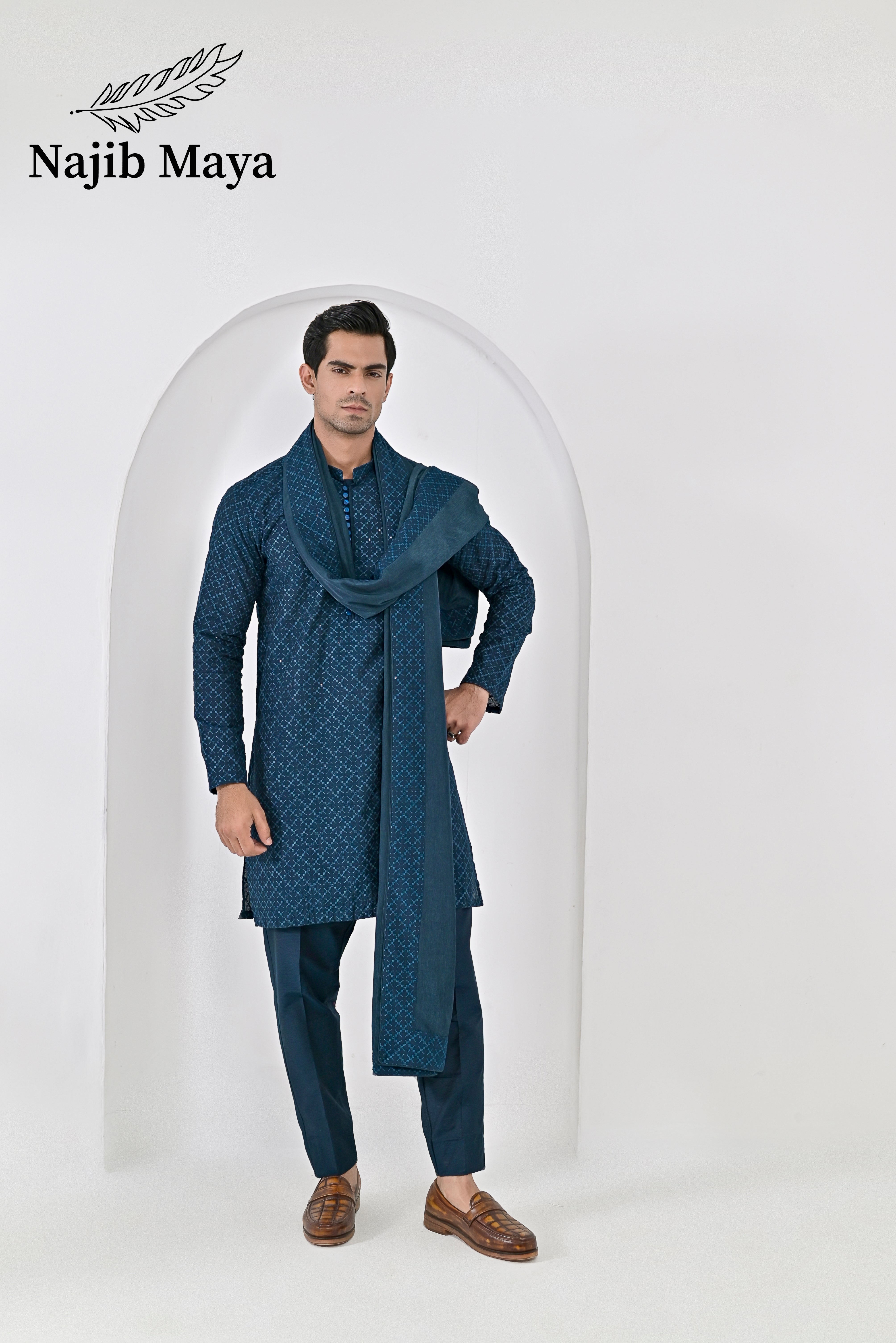 Till Blue Embroidery Kurta Pajama + Shawl For Men's Main image