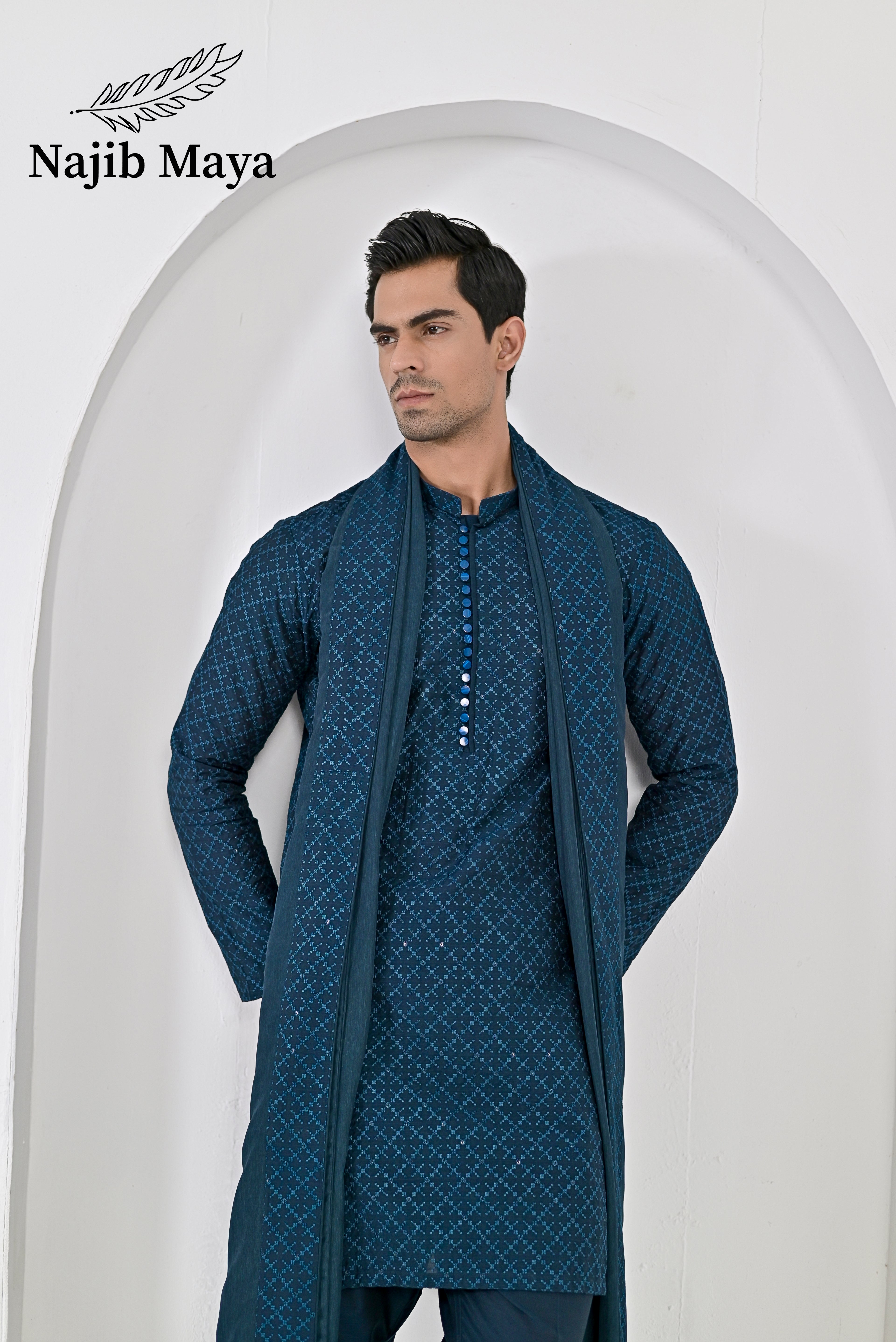 Till Blue Embroidery Kurta Pajama + Shawl For Men's