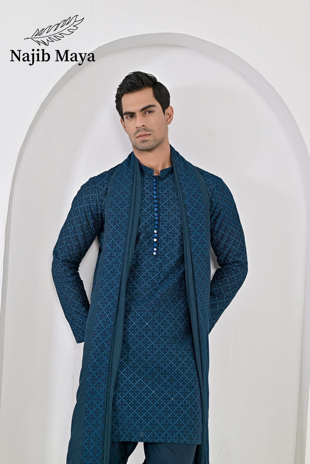 Till Blue Embroidery Kurta Pajama + Shawl For Men's