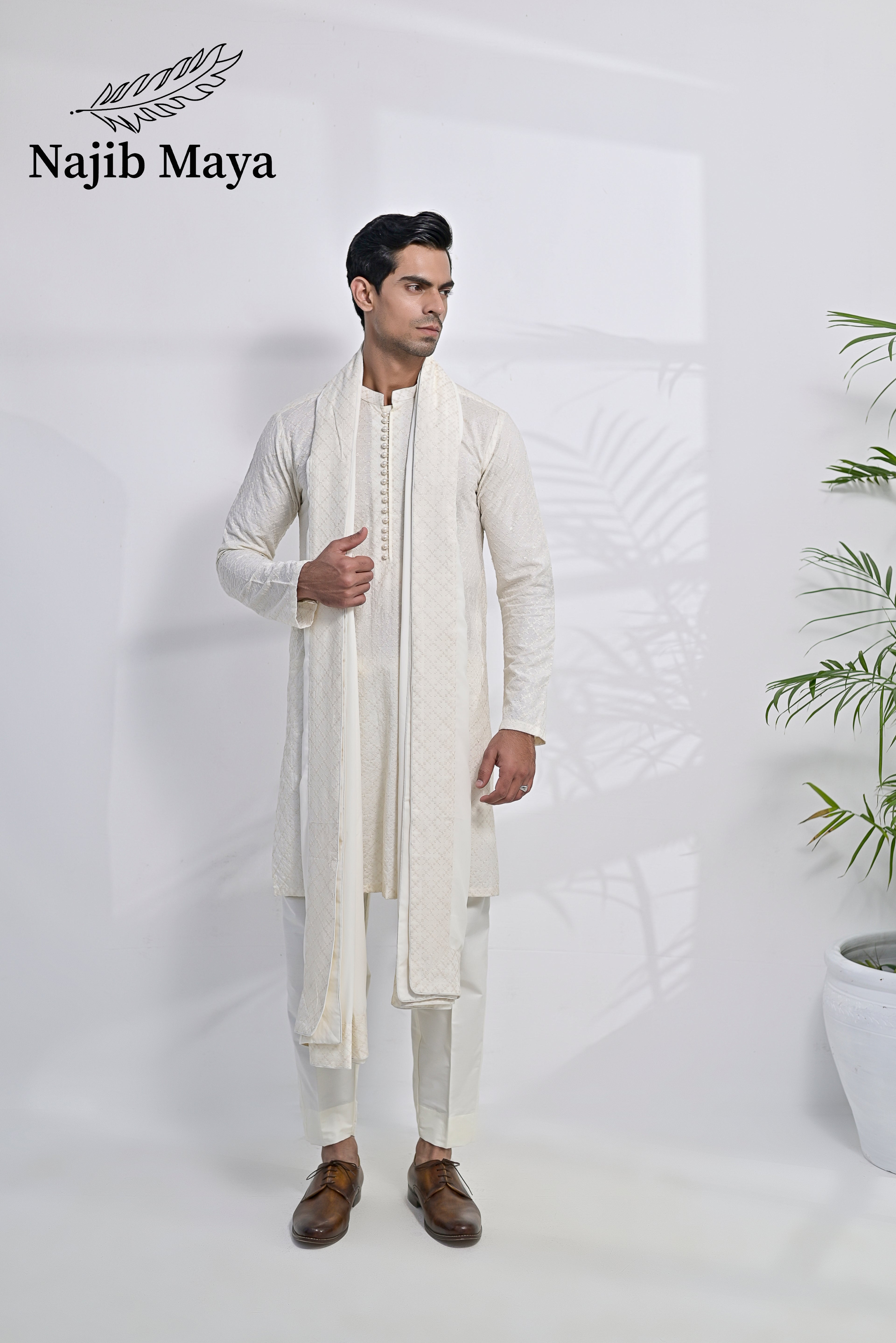 Cream Embroidery Kurta Pajama + Shawl For Men's