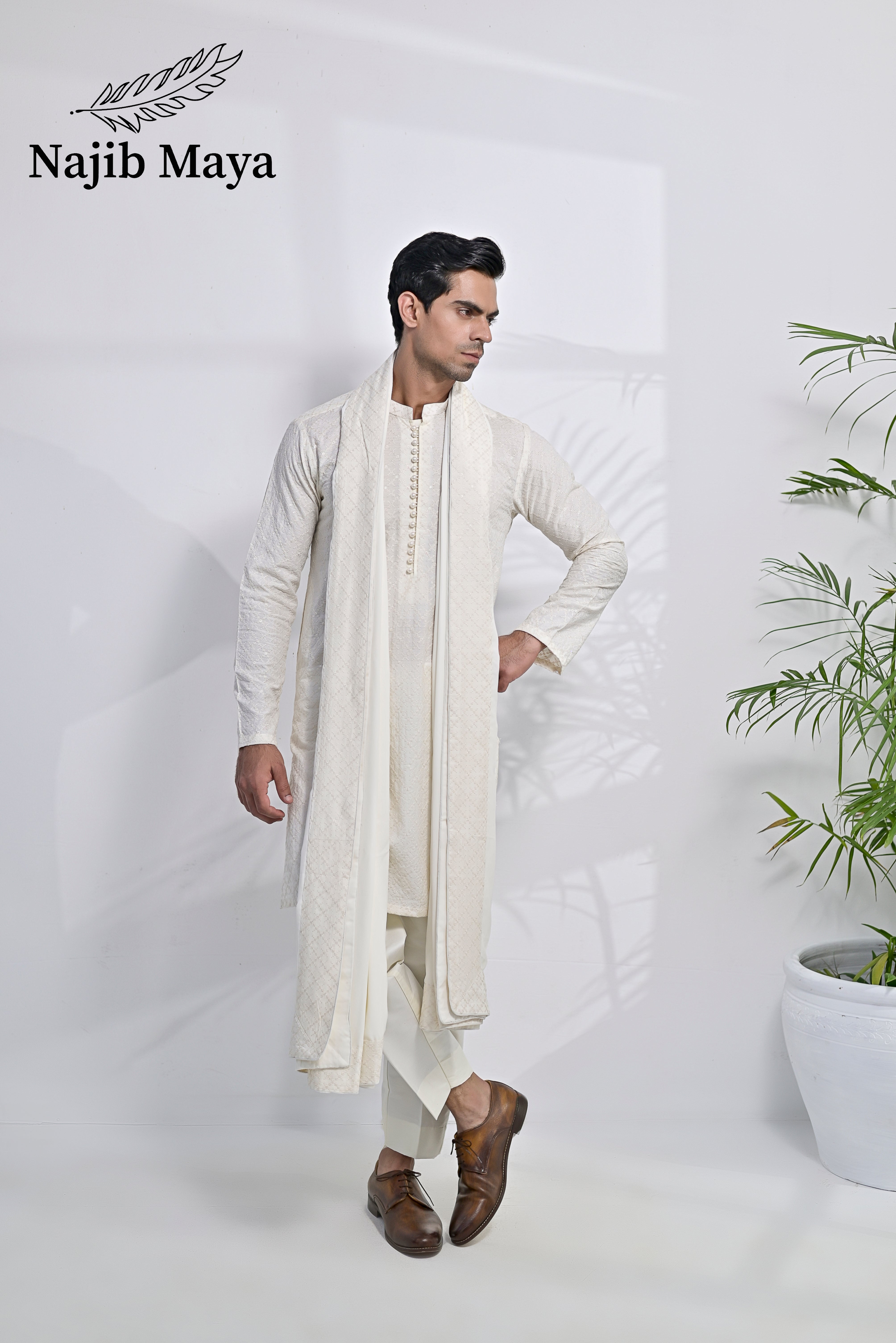 Cream Embroidery Kurta Pajama + Shawl For Men's Main image