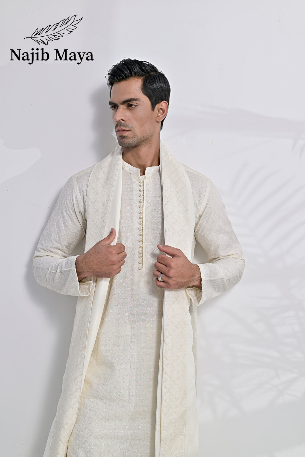 Cream Embroidery Kurta Pajama + Shawl For Men's