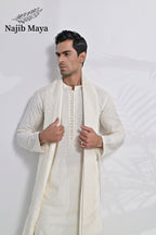 Cream Embroidery Kurta Pajama + Shawl For Men's
