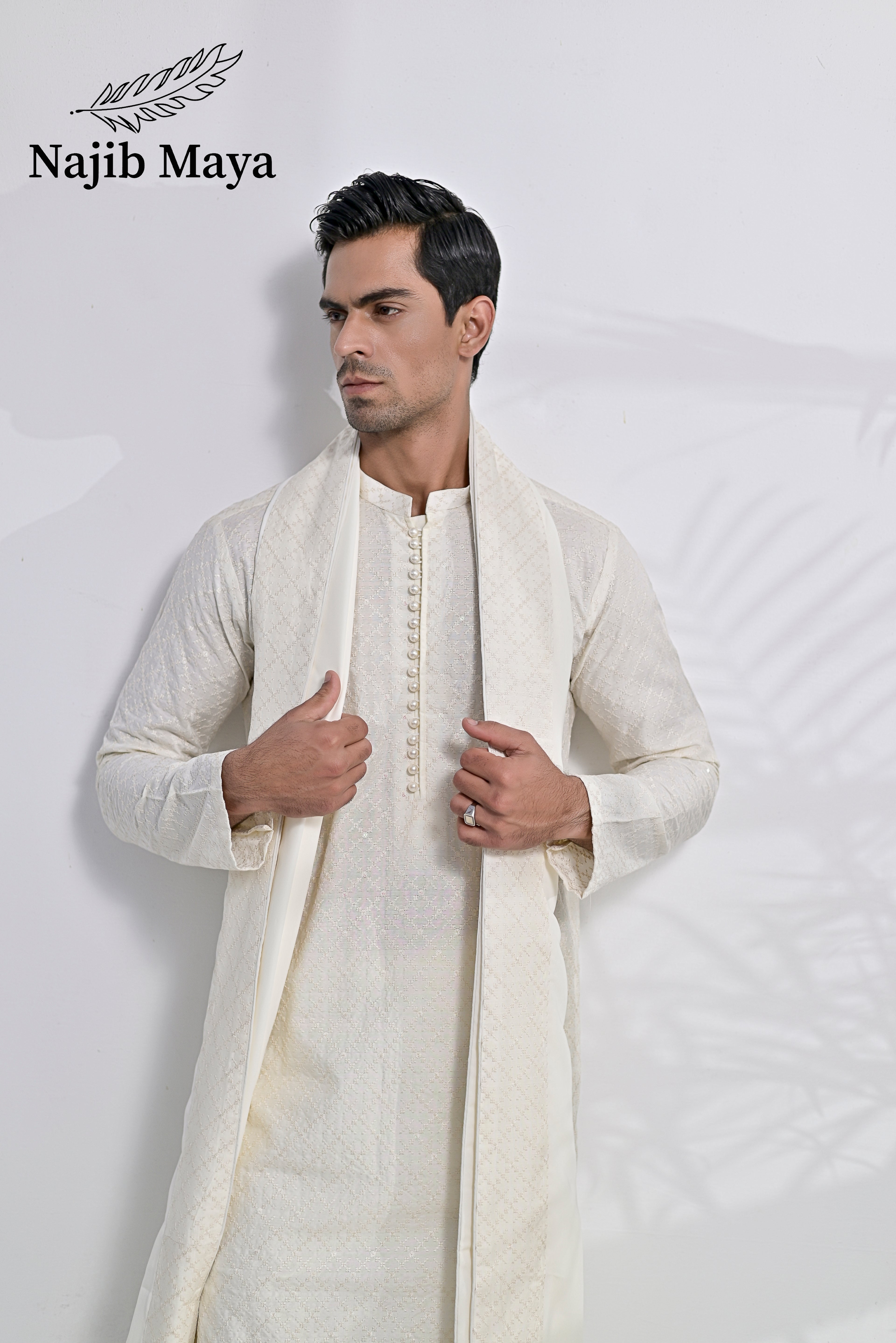 Cream Embroidery Kurta Pajama + Shawl For Men's