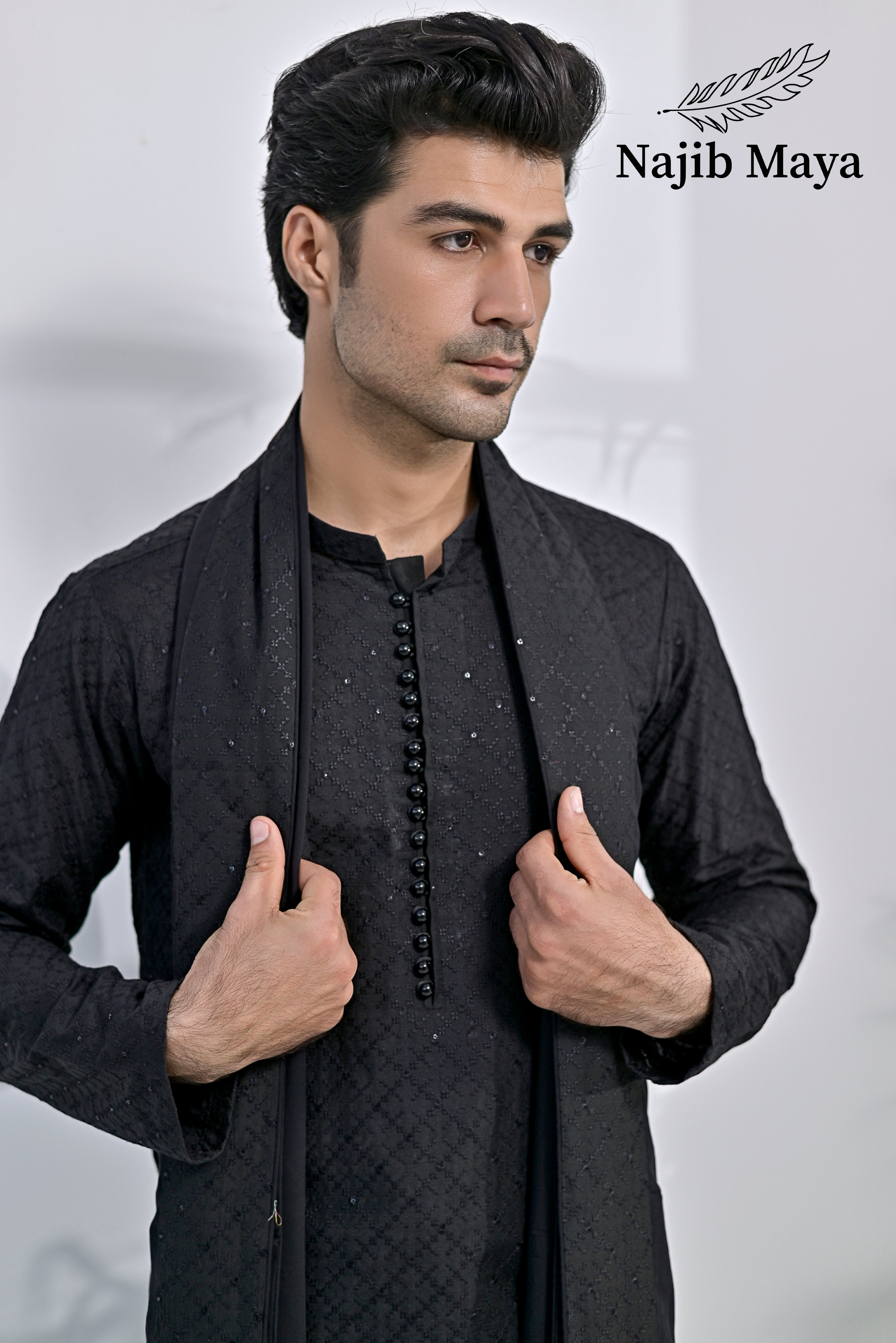 Black Embroidery Kurta Pajama + Shawl For Men's Secondary image