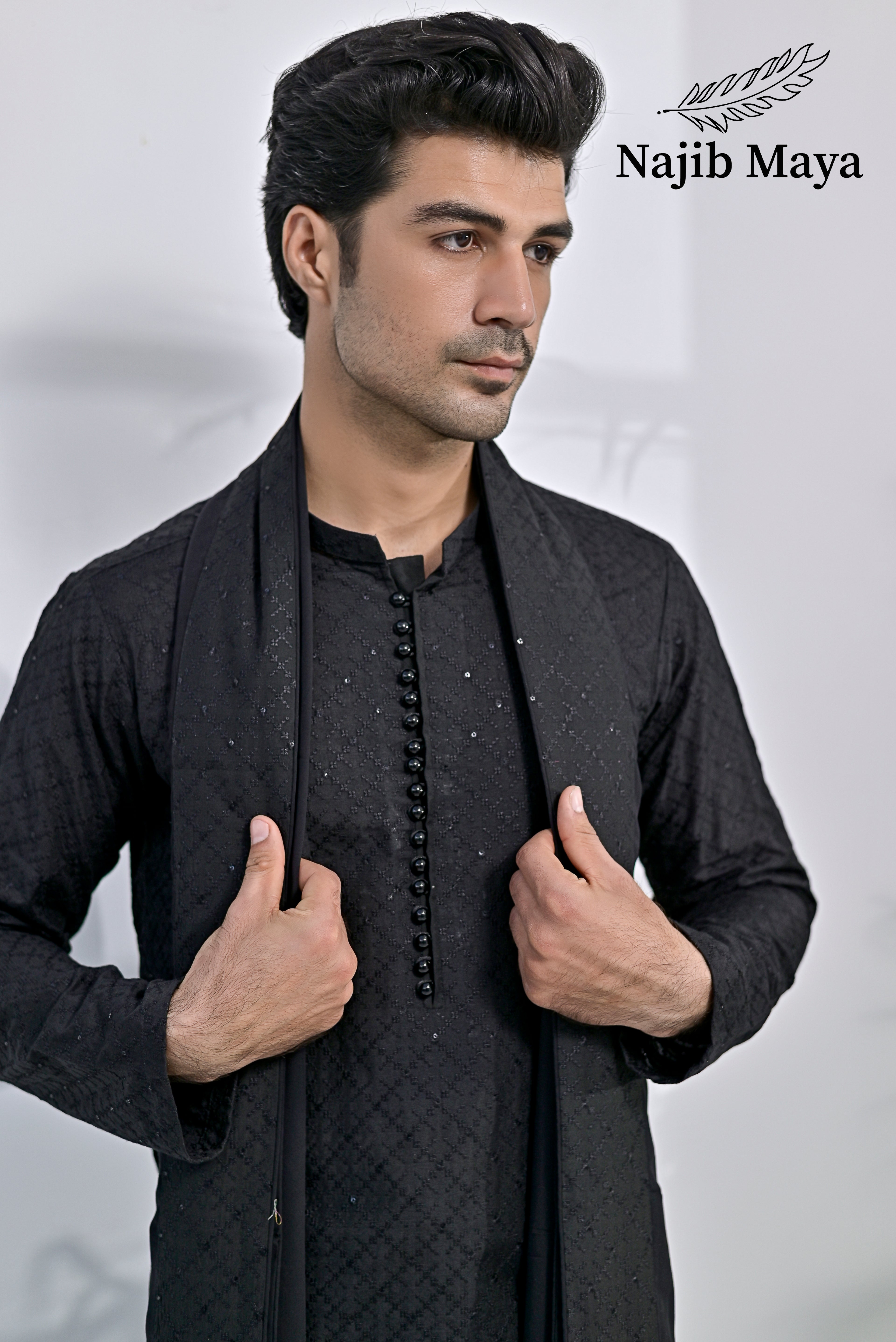 Black Embroidery Kurta Pajama + Shawl For Men's