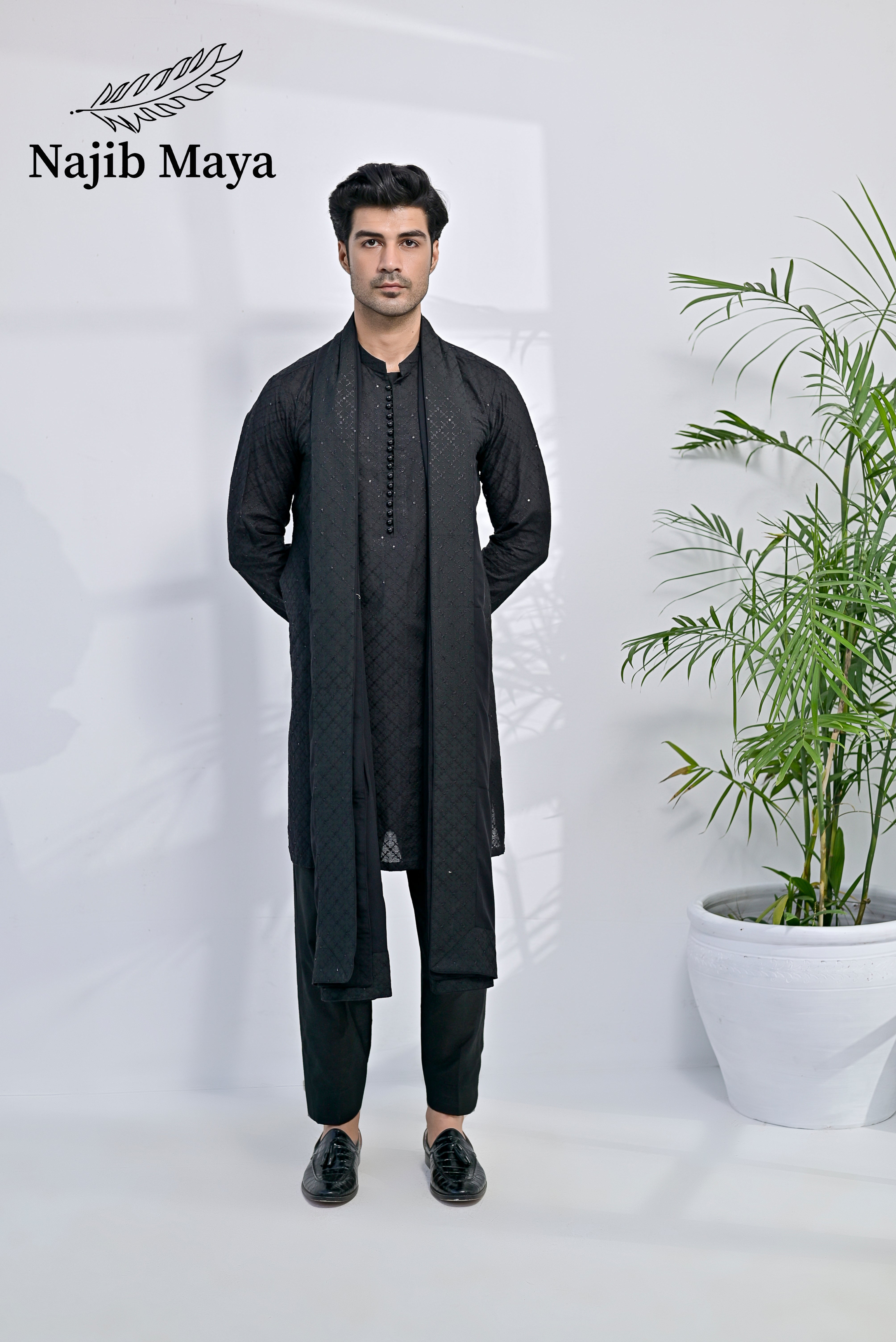 Black Embroidery Kurta Pajama + Shawl For Men's Main image