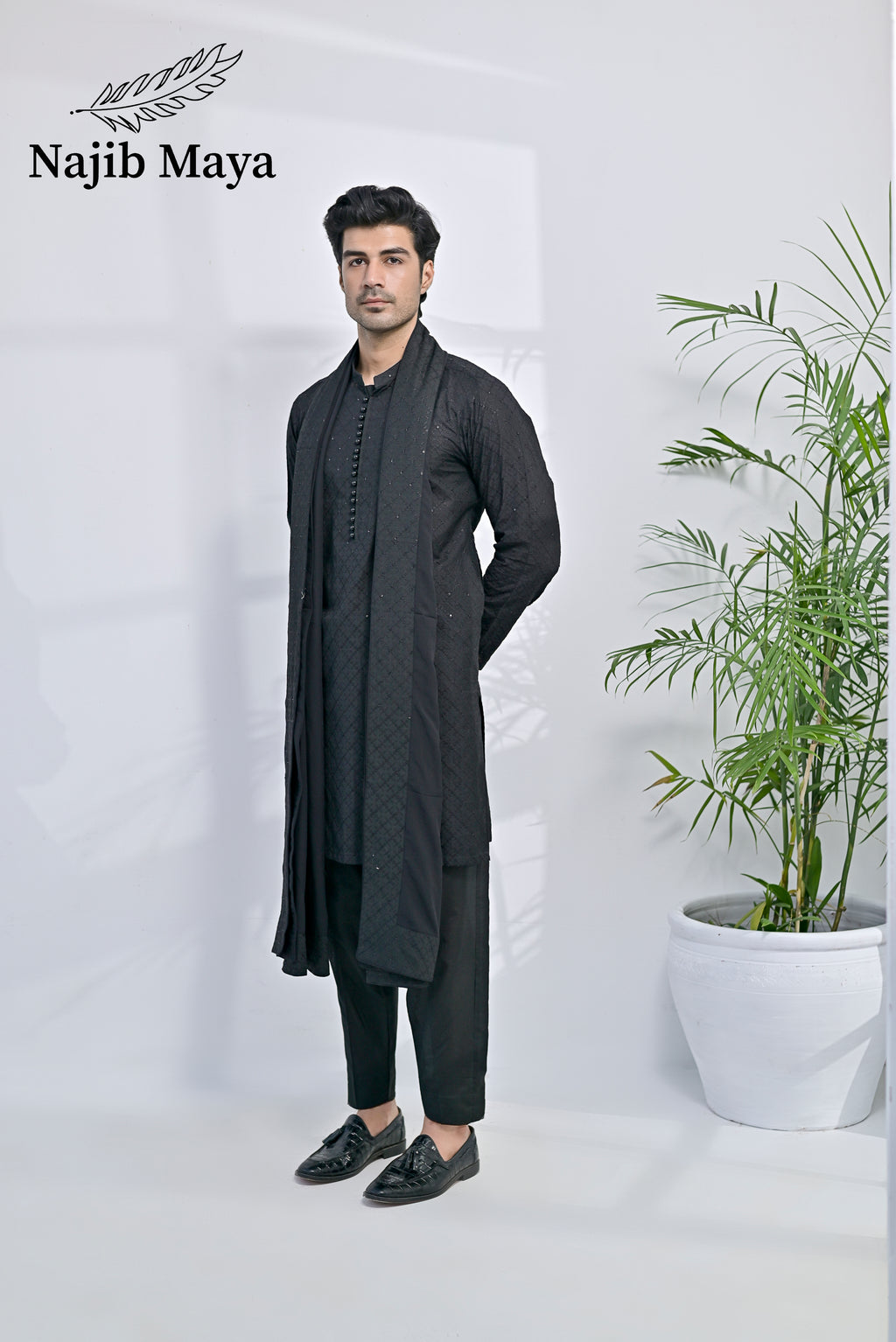 Black Embroidery Kurta Pajama + Shawl For Men's
