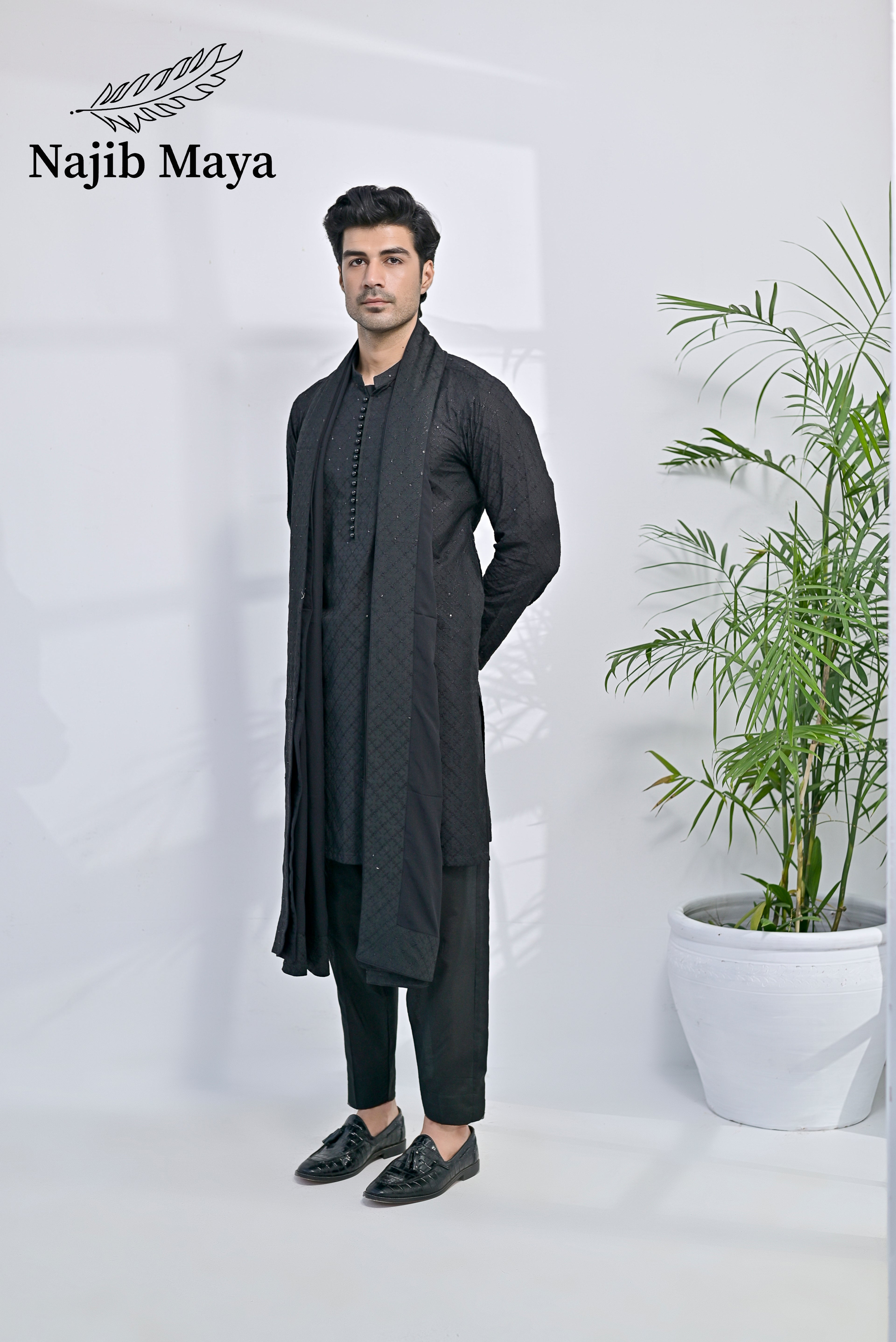 Black Embroidery Kurta Pajama + Shawl For Men's
