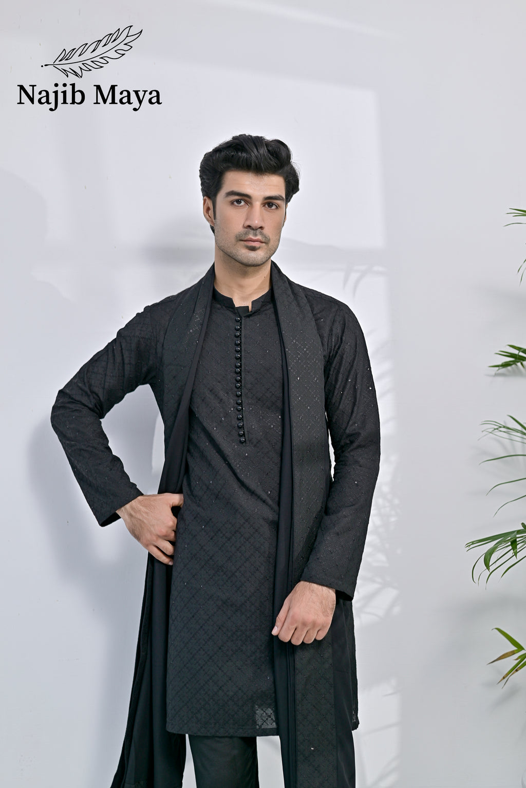 Black Embroidery Kurta Pajama + Shawl For Men's