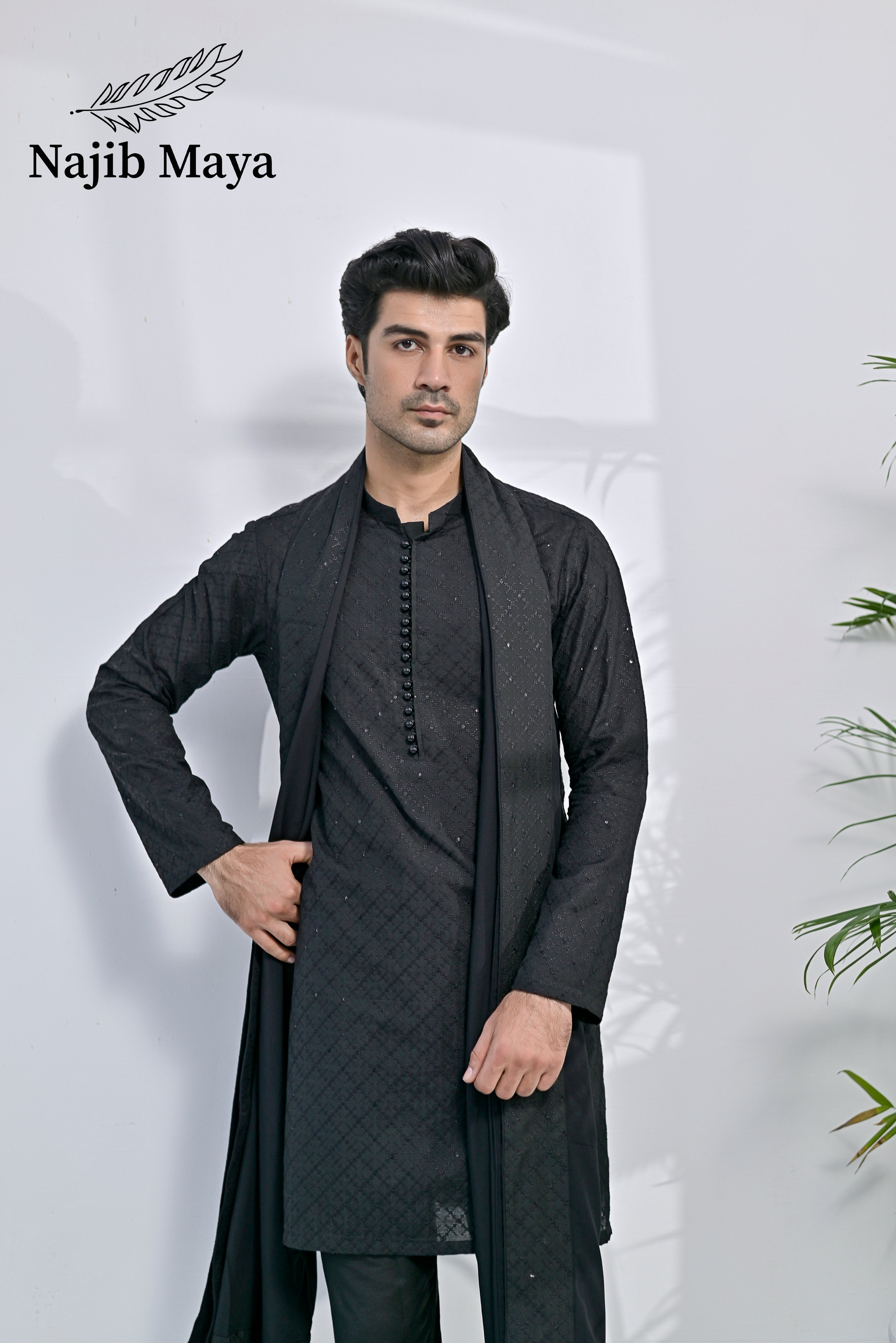 Black Embroidery Kurta Pajama + Shawl For Men's