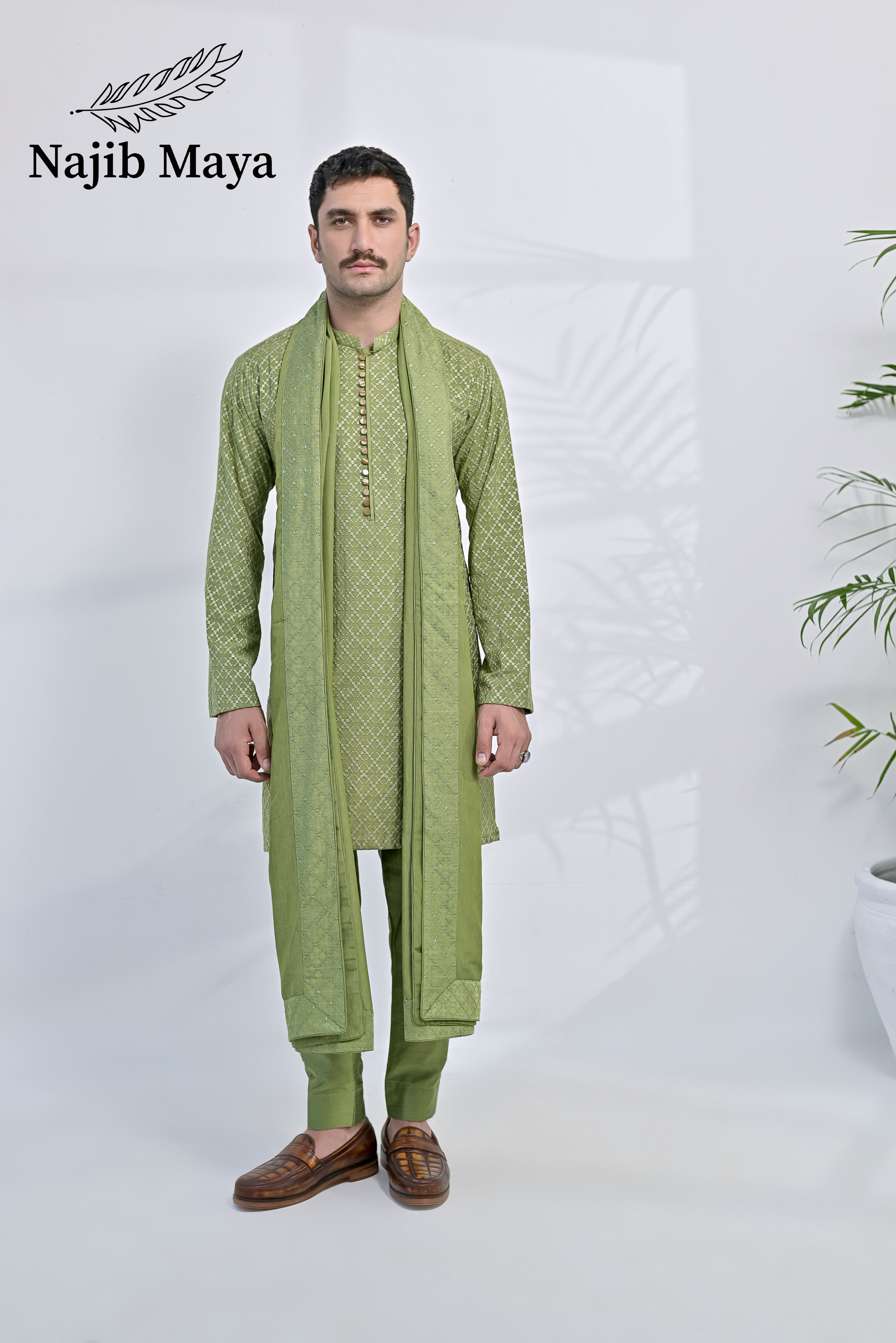 Pista Green Embroidery Kurta Pajama + Shawl For Men's Main image