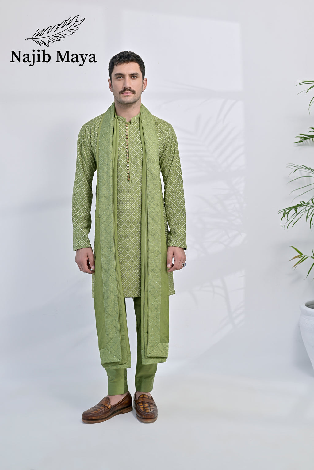 Pista Green Embroidery Kurta Pajama + Shawl For Men's