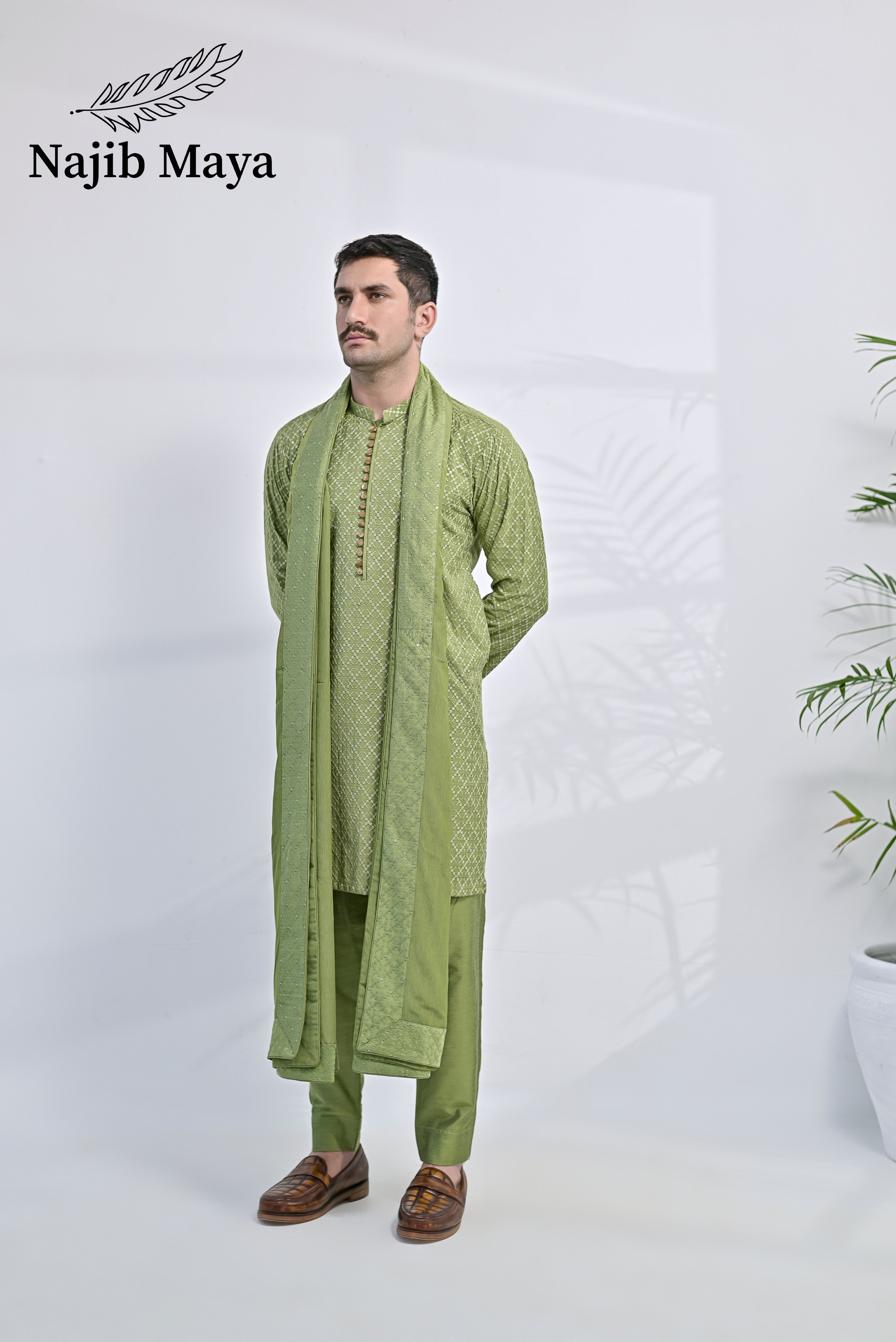 Pista Green Embroidery Kurta Pajama + Shawl For Men's